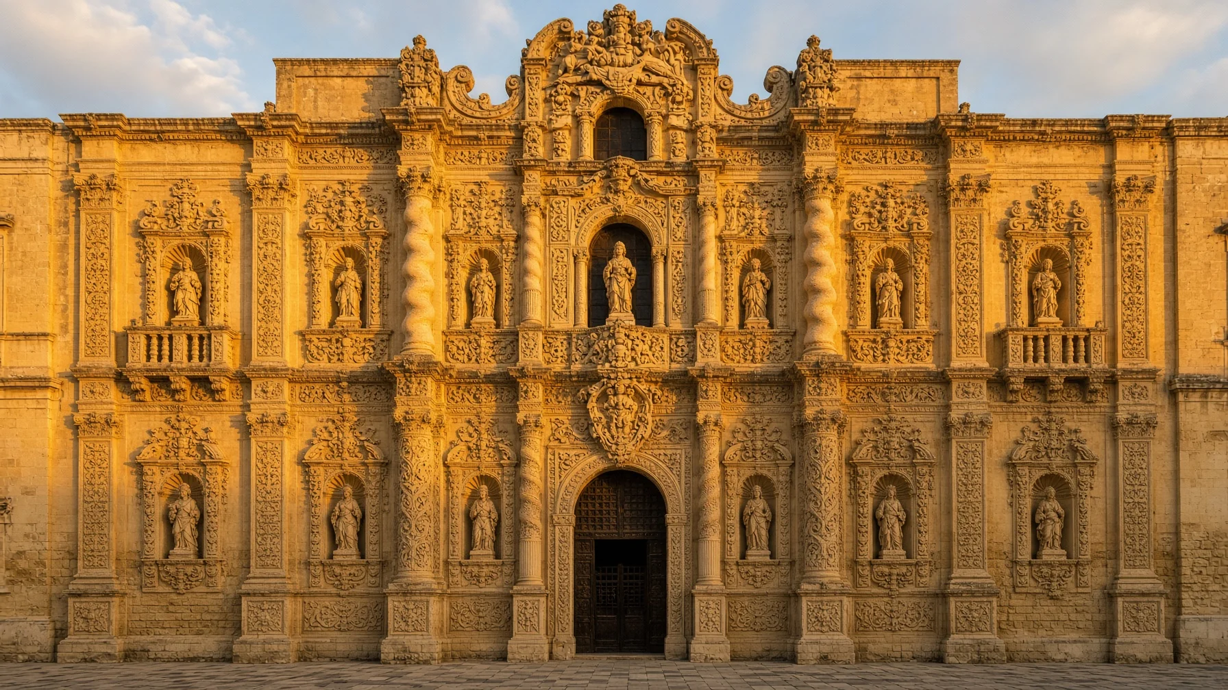 Ornate baroque church facade in Lecce carved from warm golden limestone with detailed columns and figures lit by late afternoon sun, architectural travel photography