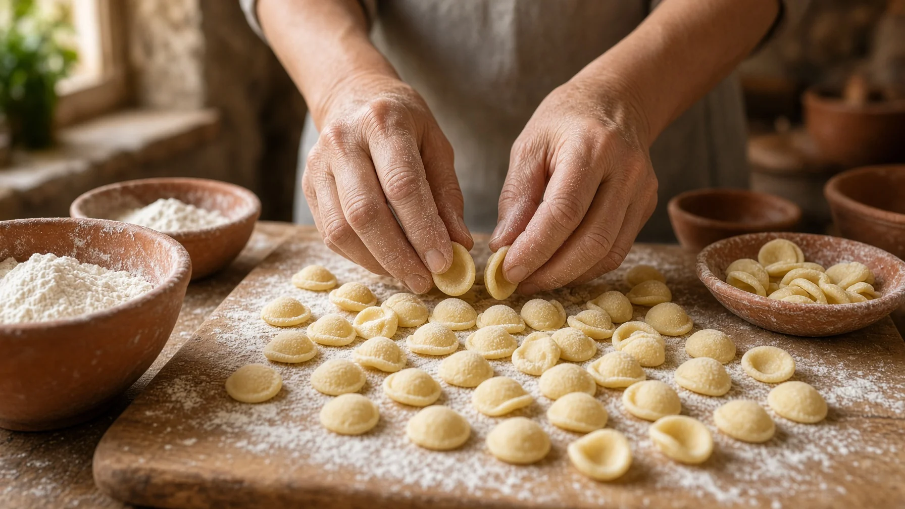 Hands shaping fresh orecchiette pasta on a wooden board in a rustic Puglian kitchen with flour and terracotta bowls, warm natural light, food travel photography