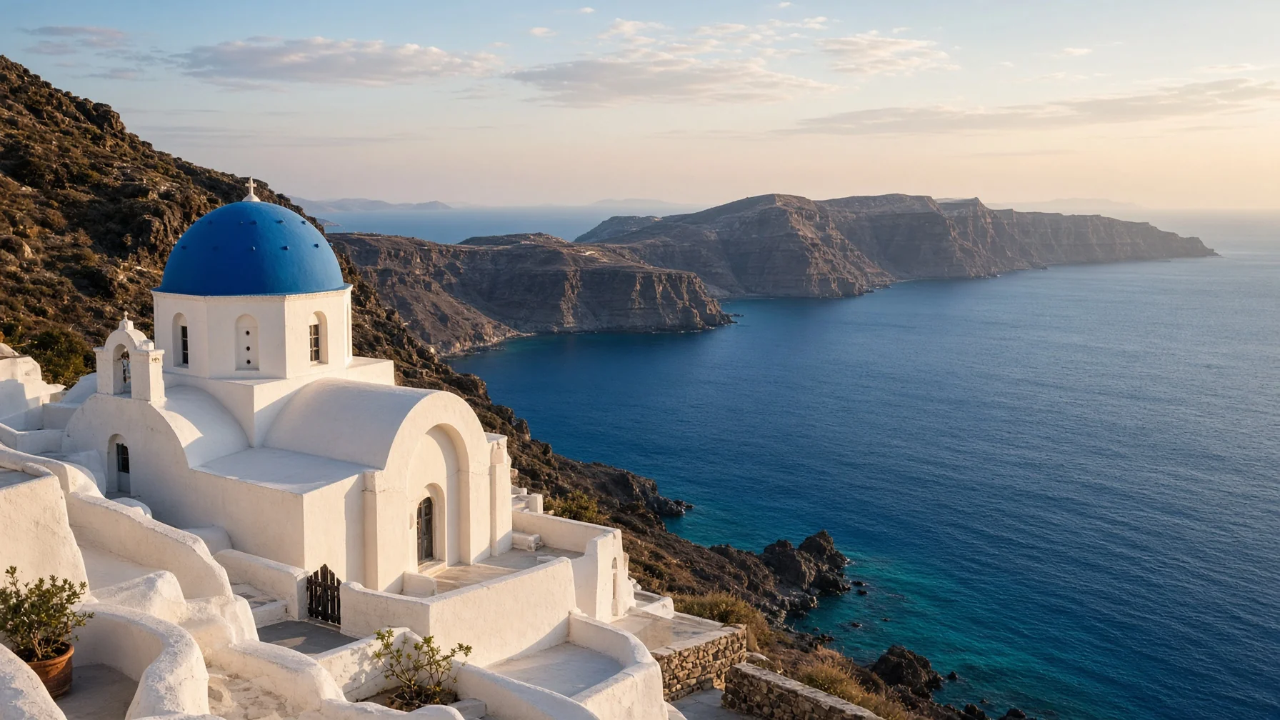Best time to visit Greece - whitewashed chapel above a deep blue Aegean bay in soft late-summer light with empty terraces and calm water, editorial luxury travel photography