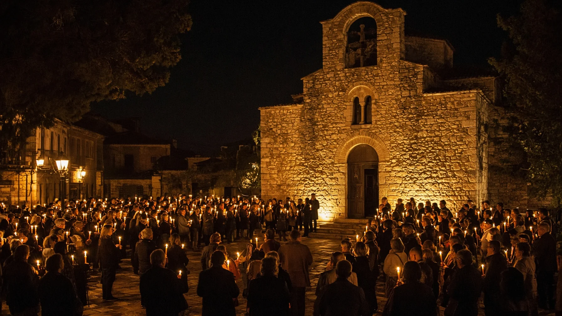 Village square at night during a Greek Orthodox Easter procession with candles held by a gathered crowd and a stone church behind, warm candlelight photography