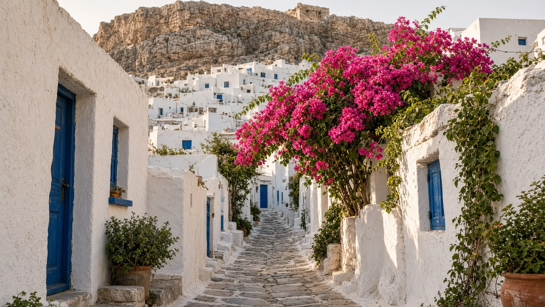 Narrow whitewashed lane with bougainvillea and stone steps in the Anafiotika quarter below the Acropolis rock in Athens, soft afternoon light, editorial city photography