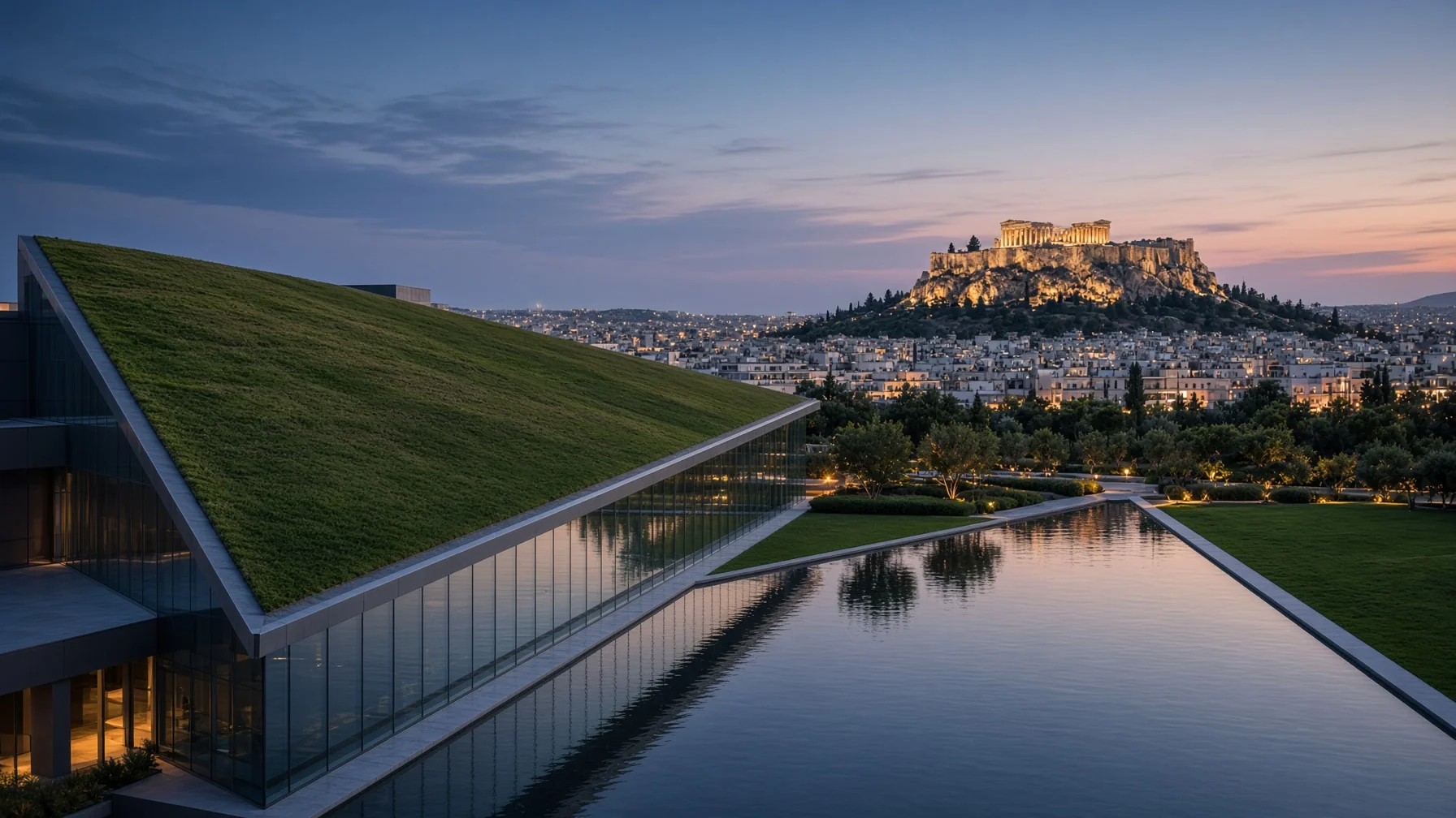 Contemporary cultural complex in Athens with sloping green roof, reflecting canal and city skyline with the Acropolis visible in the distance at dusk, architectural photography