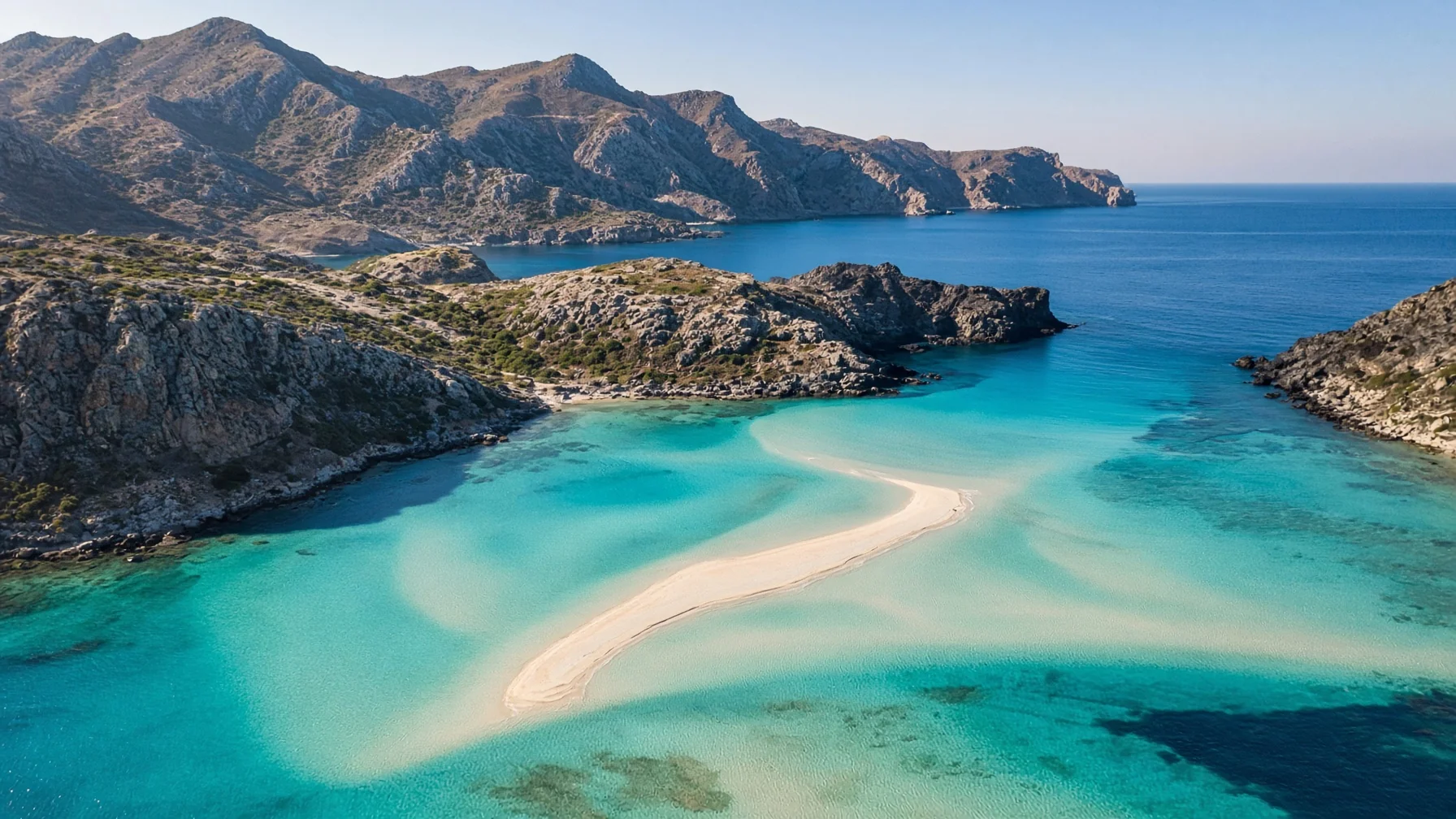 Crete luxury travel - aerial view of a turquoise lagoon with pale sandbars and rugged headlands on the Cretan coast in clear morning light, editorial luxury travel photography