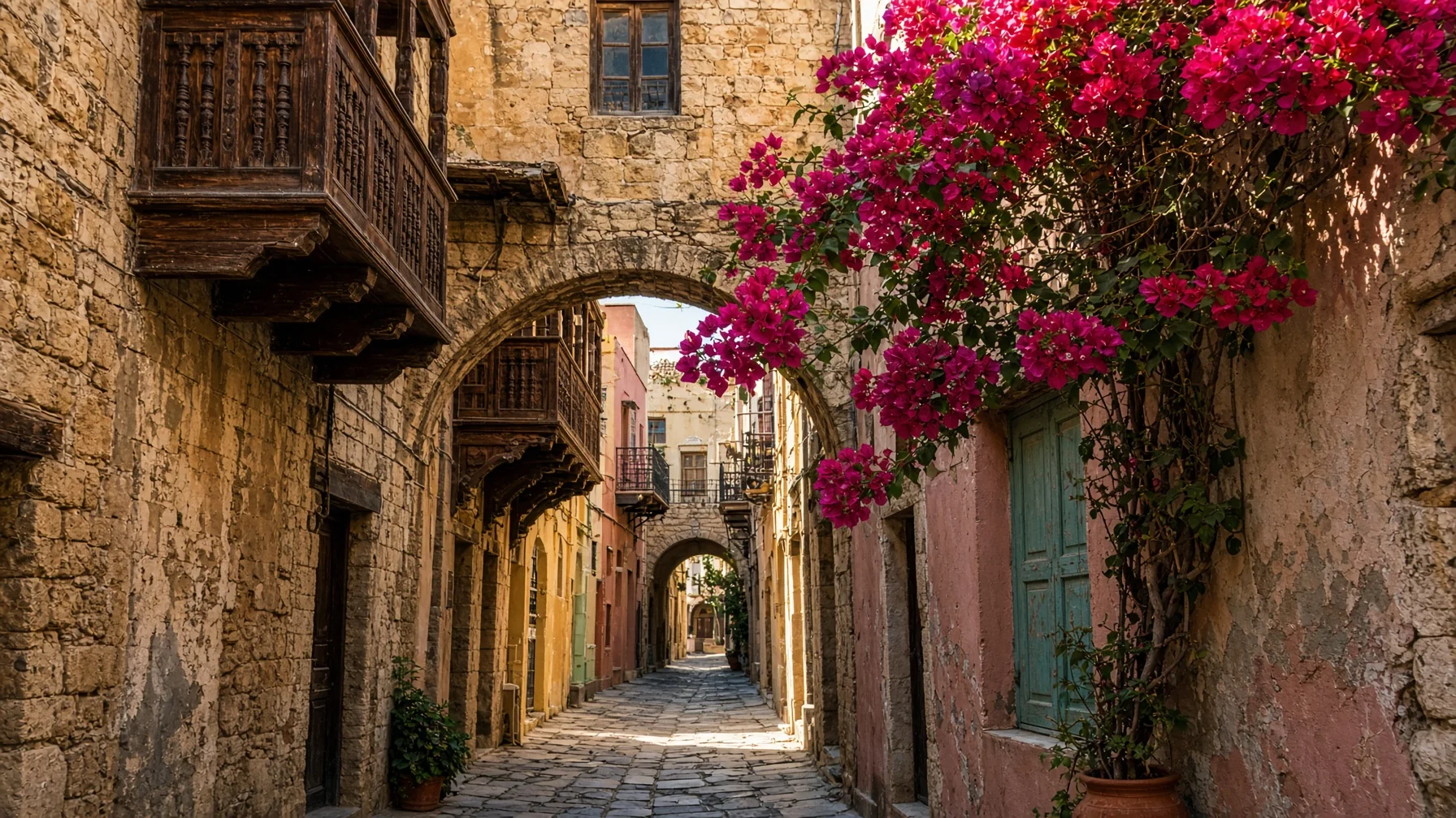 Narrow old-town lane in Rethymno Crete with wooden Ottoman balconies, stone arches and bougainvillea in warm afternoon light, editorial travel photography