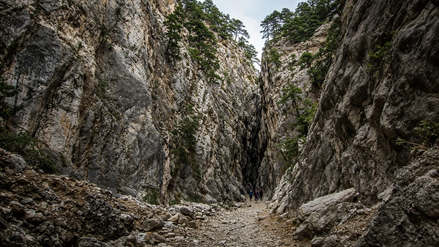 Steep limestone gorge in Crete with a narrow path between towering rock walls and pine trees above, hikers small in the frame, dramatic landscape photography