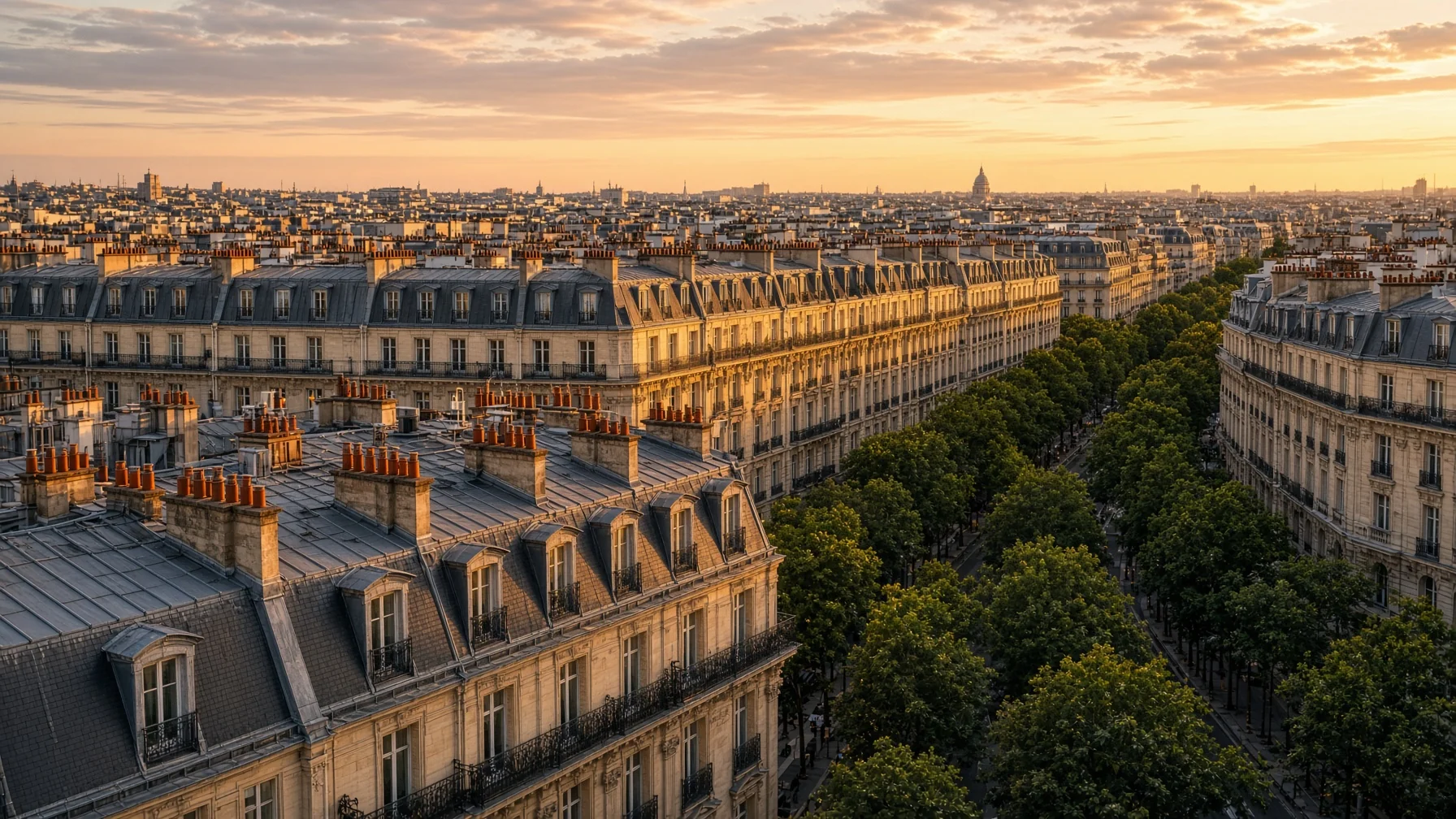 Things to do in Paris - Haussmann rooftops and zinc chimneys at golden hour with a quiet boulevard below and warm light across the facades, editorial luxury travel photography