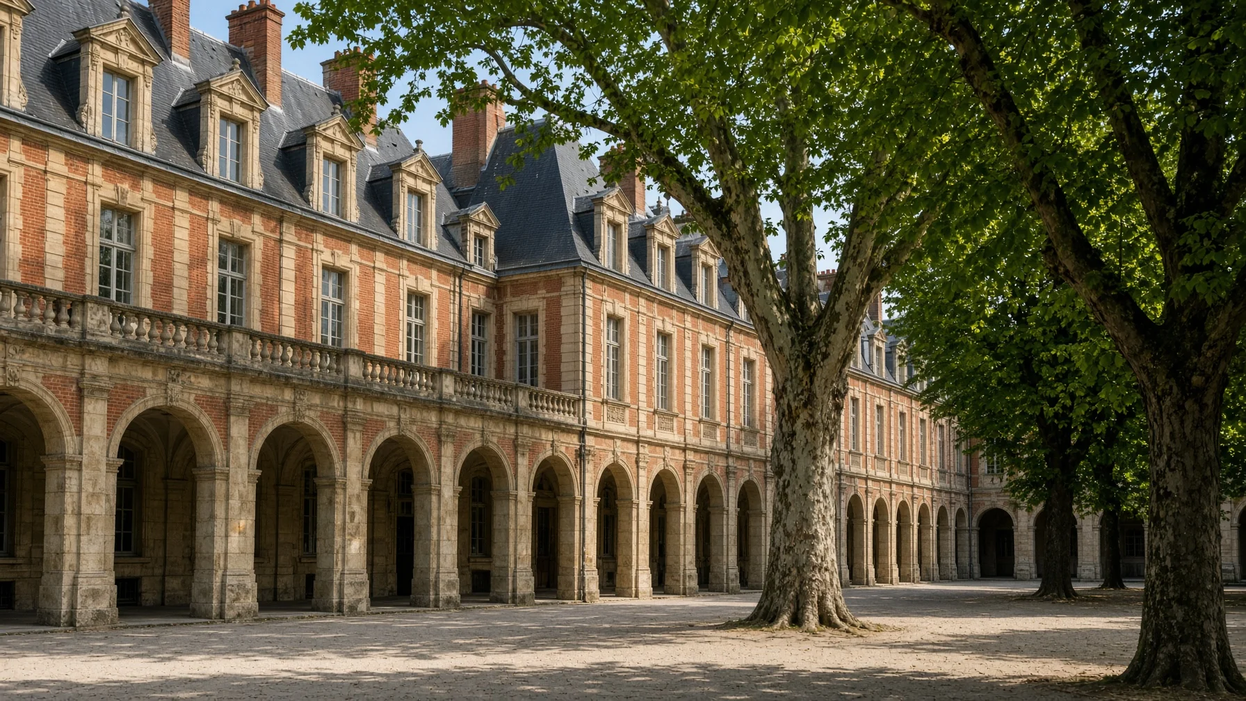 Arcaded seventeenth-century square in Le Marais Paris with red brick facades, steep slate roofs and plane trees in soft midday light, editorial city photography