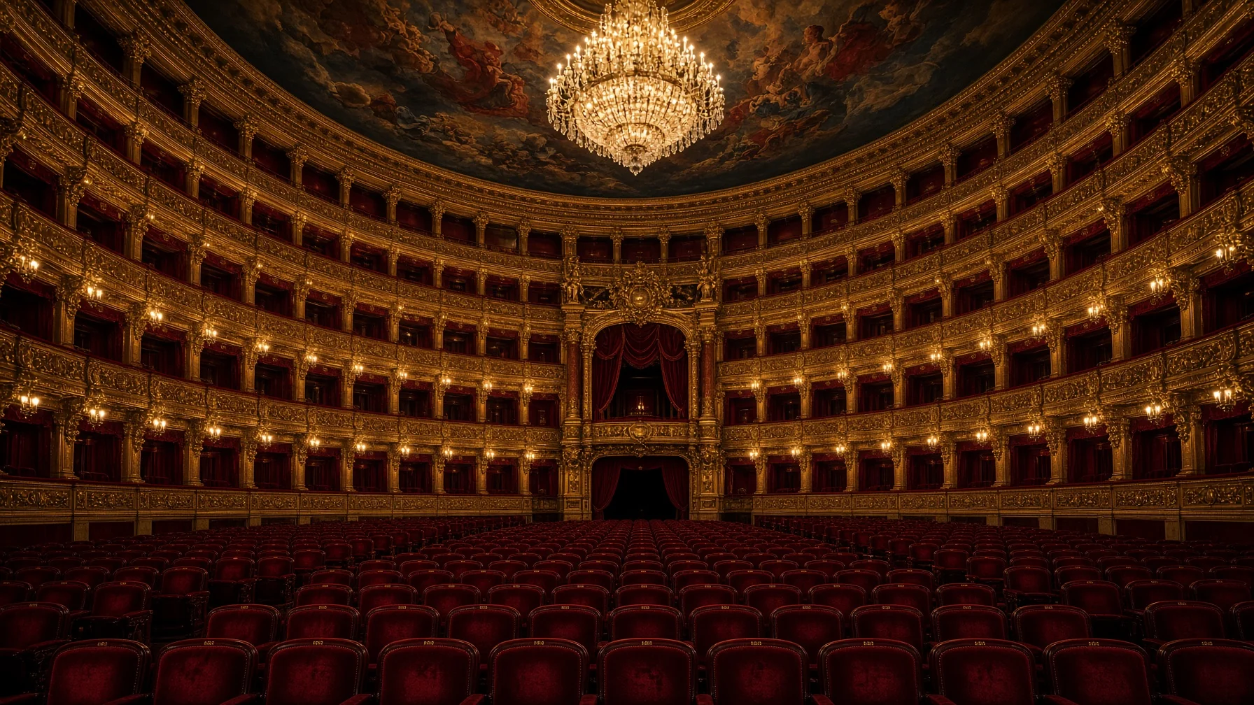 Ornate gilded opera house auditorium in Paris with red velvet seats, tiered boxes and a painted ceiling under chandelier light, architectural interior photography