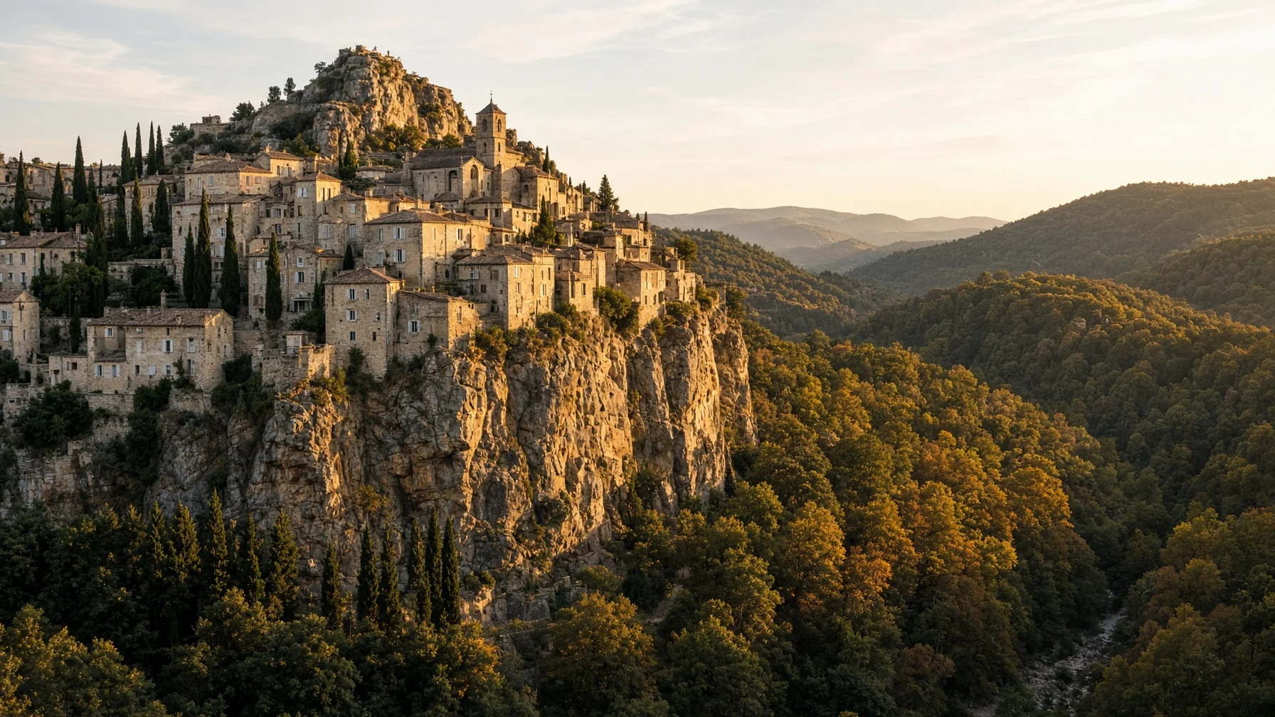 Hilltop village of pale stone houses stacked on a rocky spur above wooded valley with cypress trees in golden evening light, editorial travel photography
