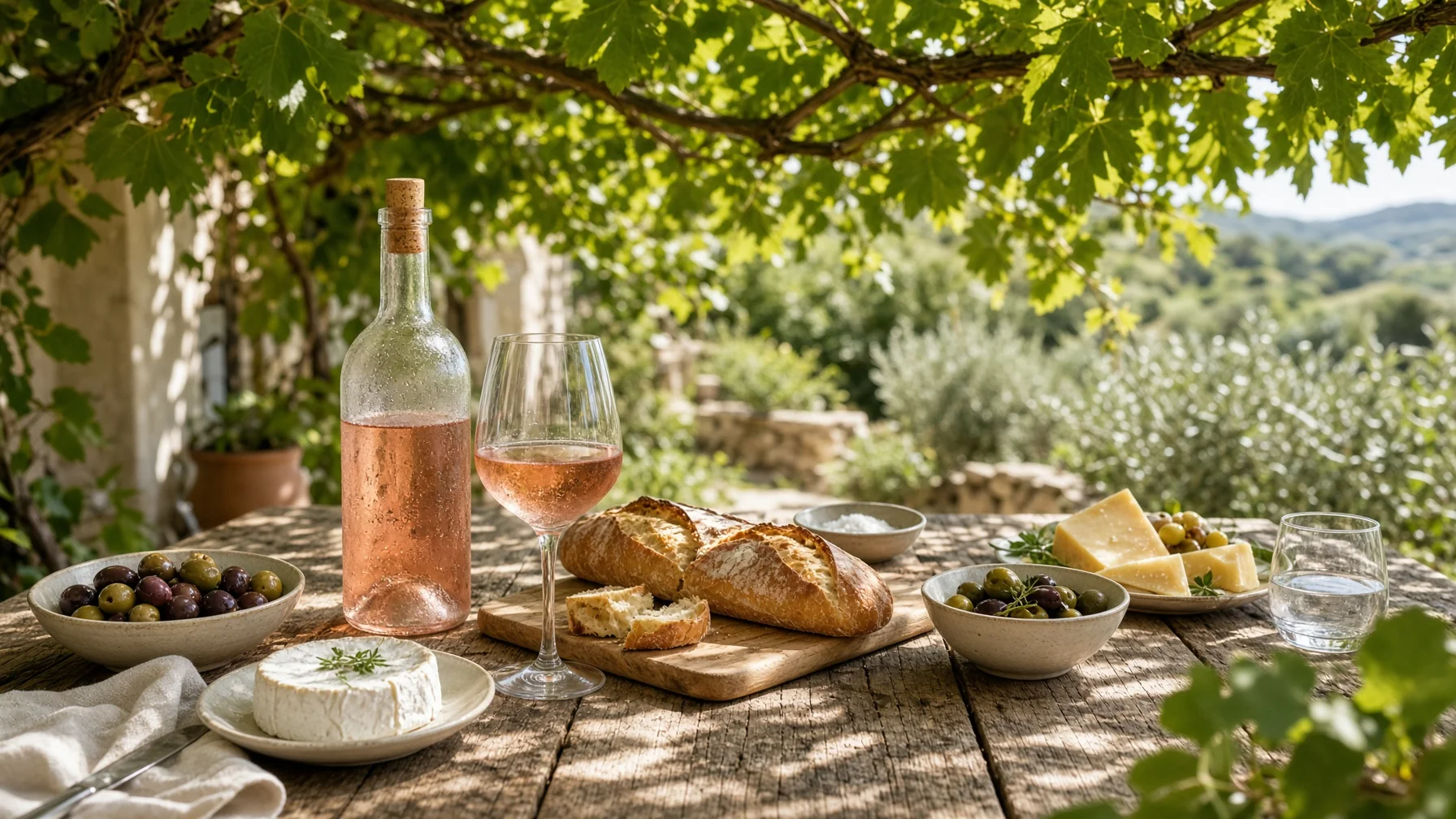 Outdoor lunch table under a vine-covered pergola with chilled rose wine, bread and olives in dappled midday light in southern France, editorial food travel photography