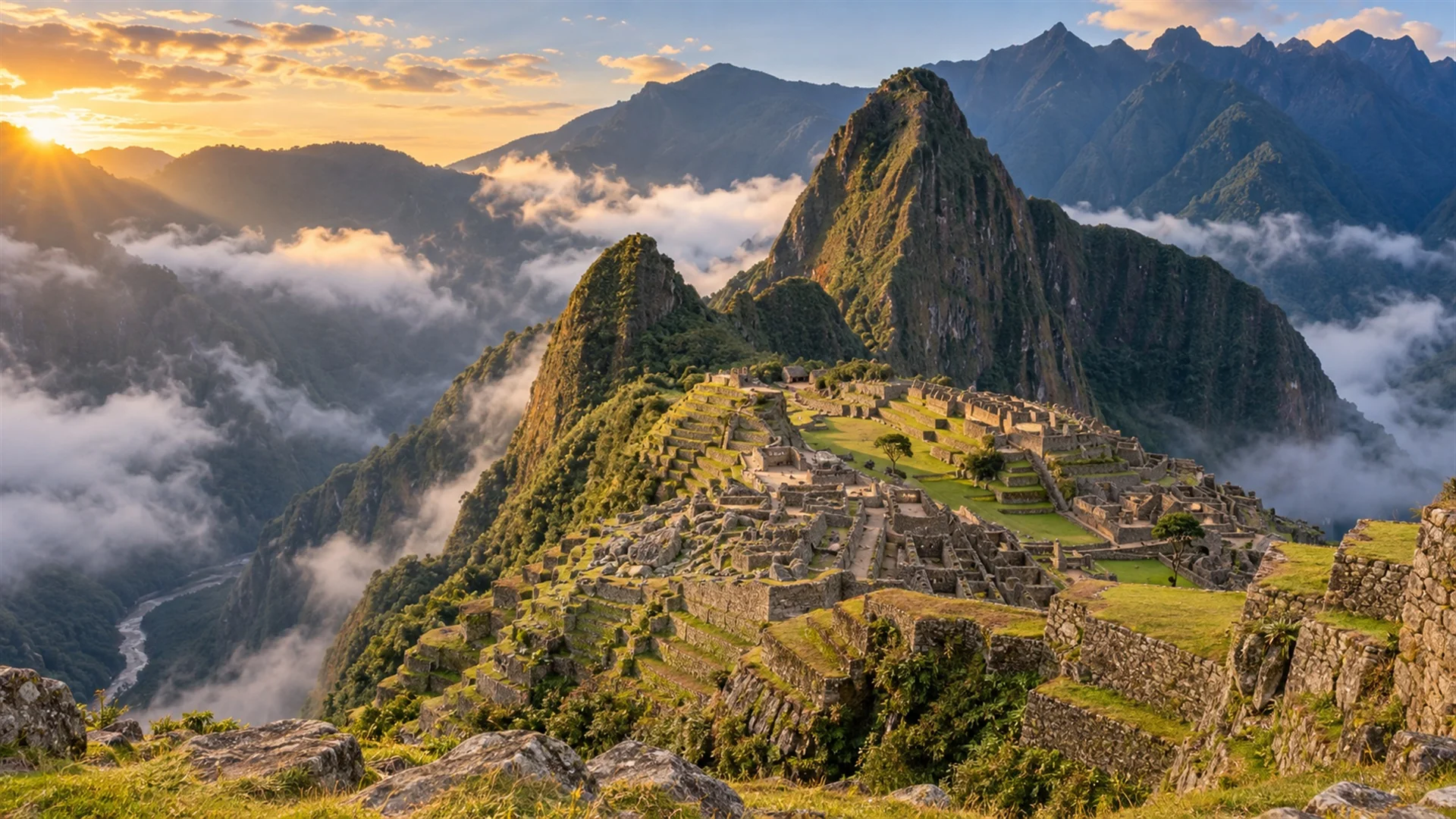 Machu Picchu luxury travel — citadel terraces and Huayna Picchu peak rising from morning mist above the Urubamba gorge, soft dawn light, editorial travel photography