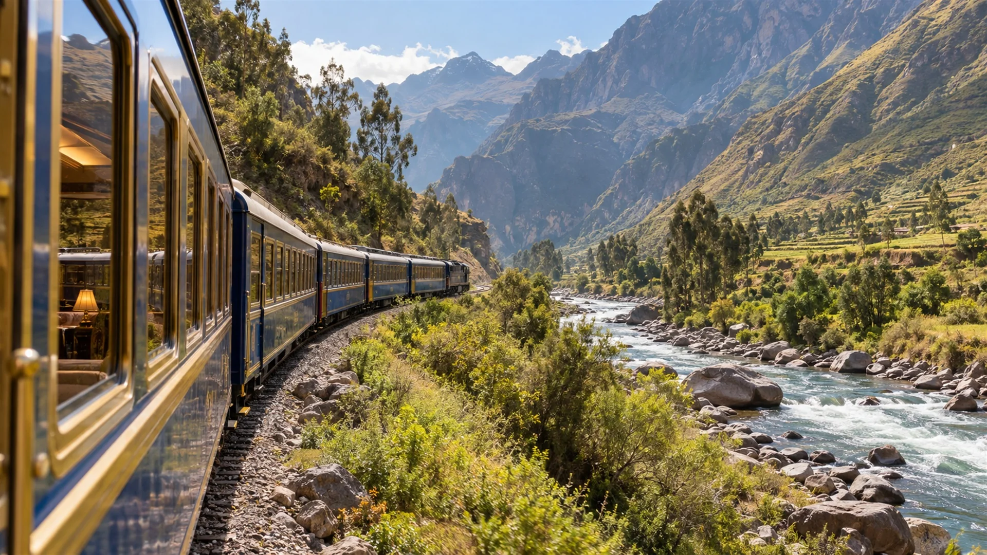 Vintage blue and gold luxury train carriages winding along the Urubamba river through a green Andean gorge, bright morning light, editorial rail travel photography