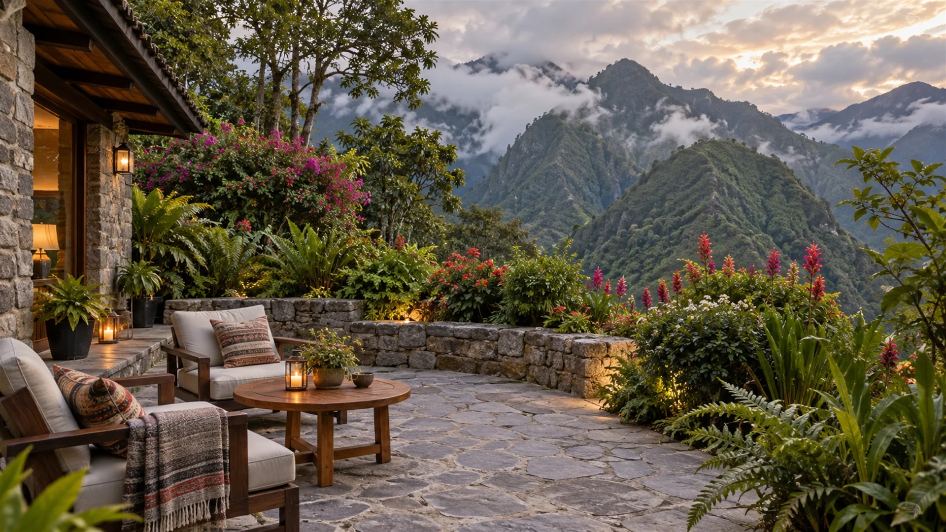 Stone terrace of a mountain lodge beside the Machu Picchu entrance with lush gardens and cloud-covered Andean peaks behind, calm evening light, luxury travel photography