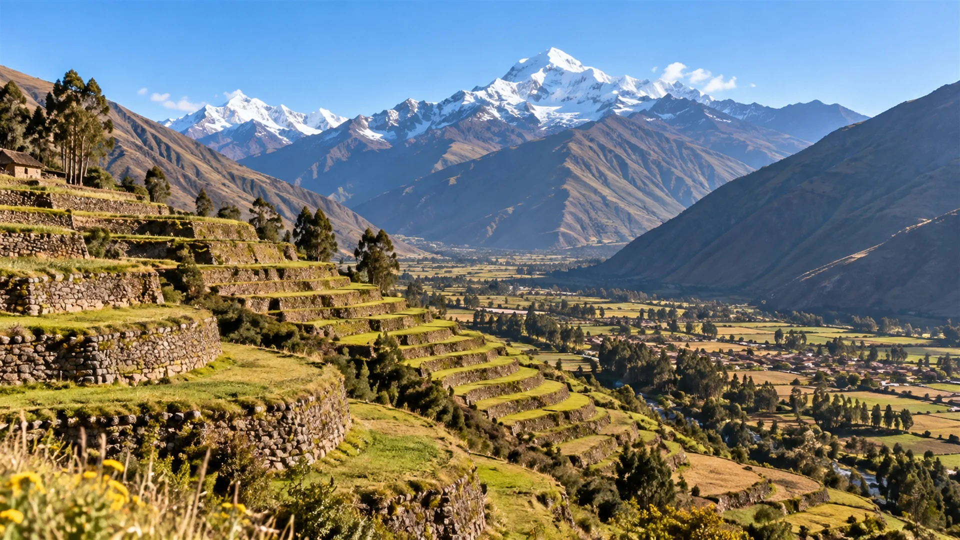 Best time to visit Peru — terraced Andean valley and snow-capped peaks under a clear dry season sky, crisp morning light, editorial travel photography