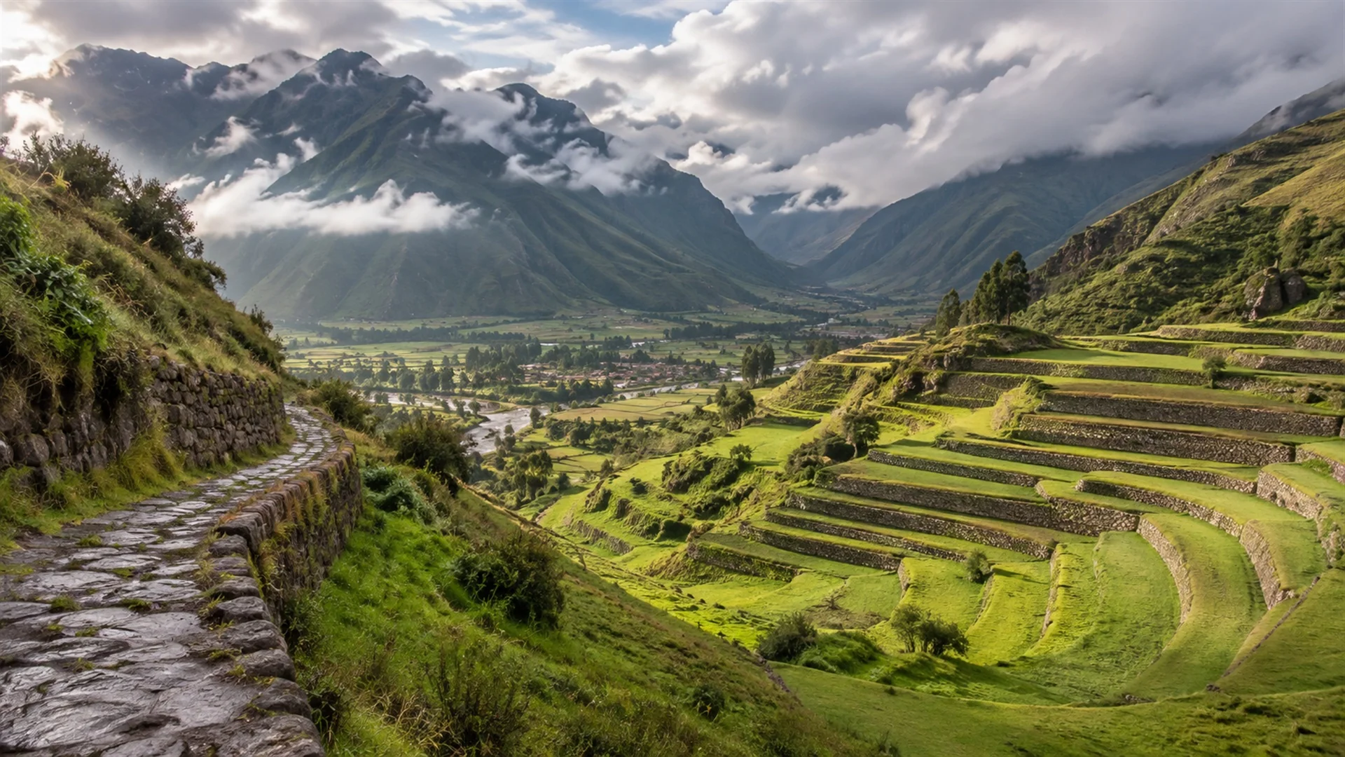 Lush green Andean terraces under dramatic clouds after rain in the Sacred Valley of Peru, quiet stone paths, soft diffused light, editorial travel photography