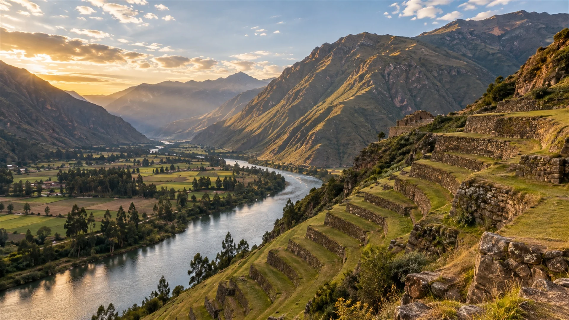 Sacred Valley luxury travel — Urubamba river winding through green Andean valley with Inca terraces and mountain slopes, warm late afternoon light, editorial travel photography