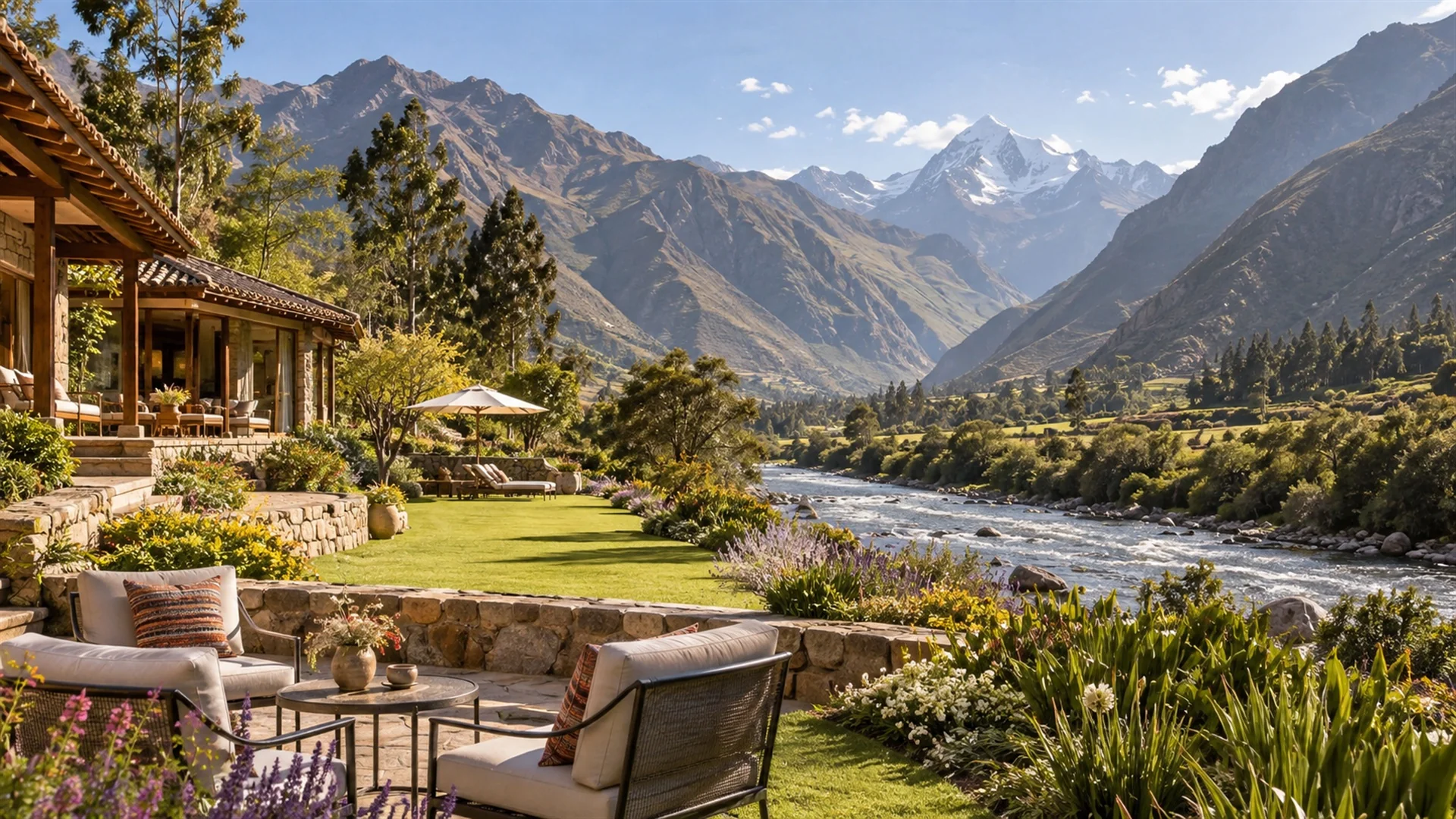 Riverside luxury lodge gardens on the valley floor beside the Vilcanota river with Andean peaks behind, calm morning light, editorial luxury travel photography