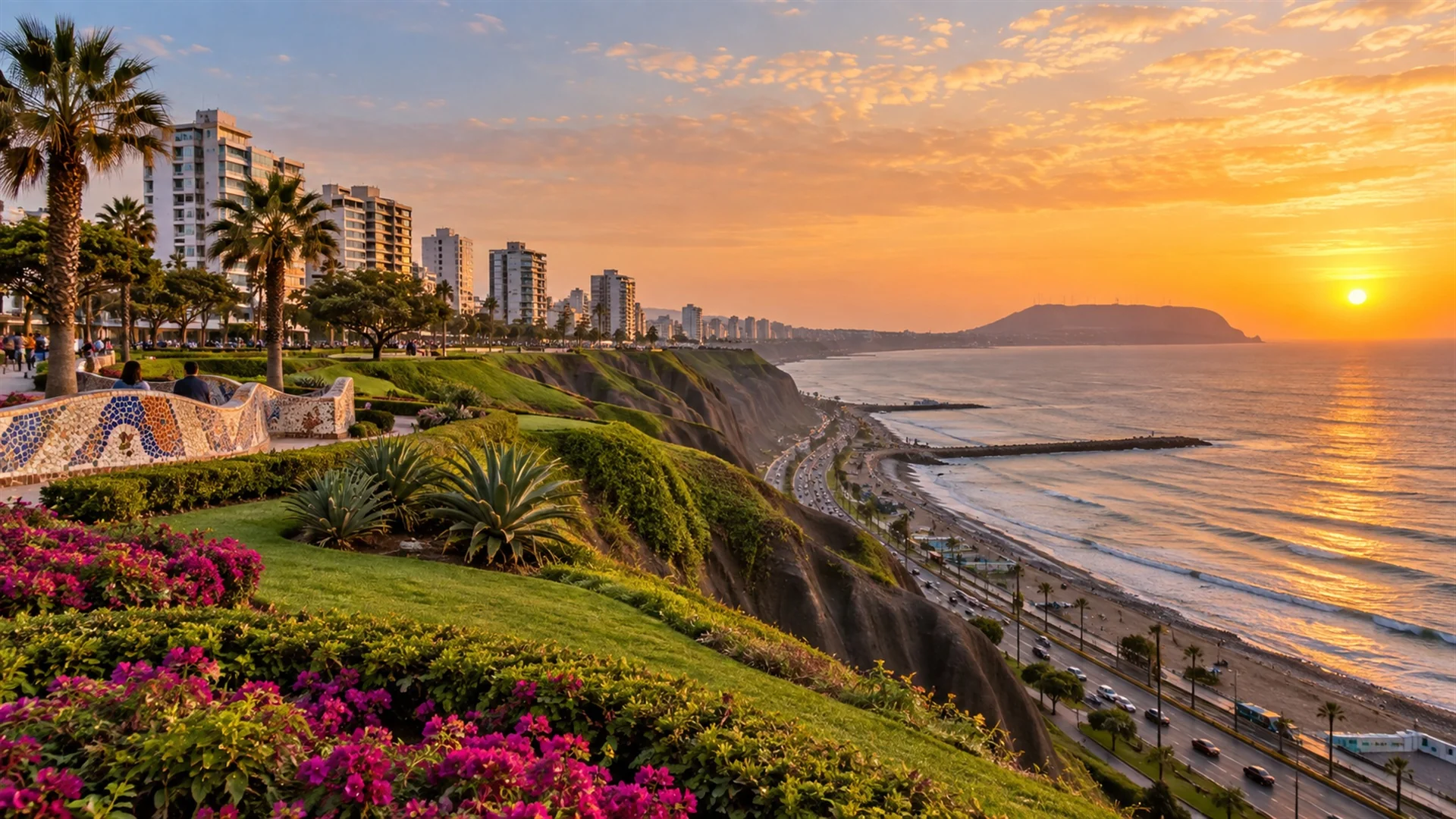 Things to do in Lima — clifftop Malecón gardens in Miraflores above the Pacific and the Costa Verde, soft late afternoon light, editorial travel photography