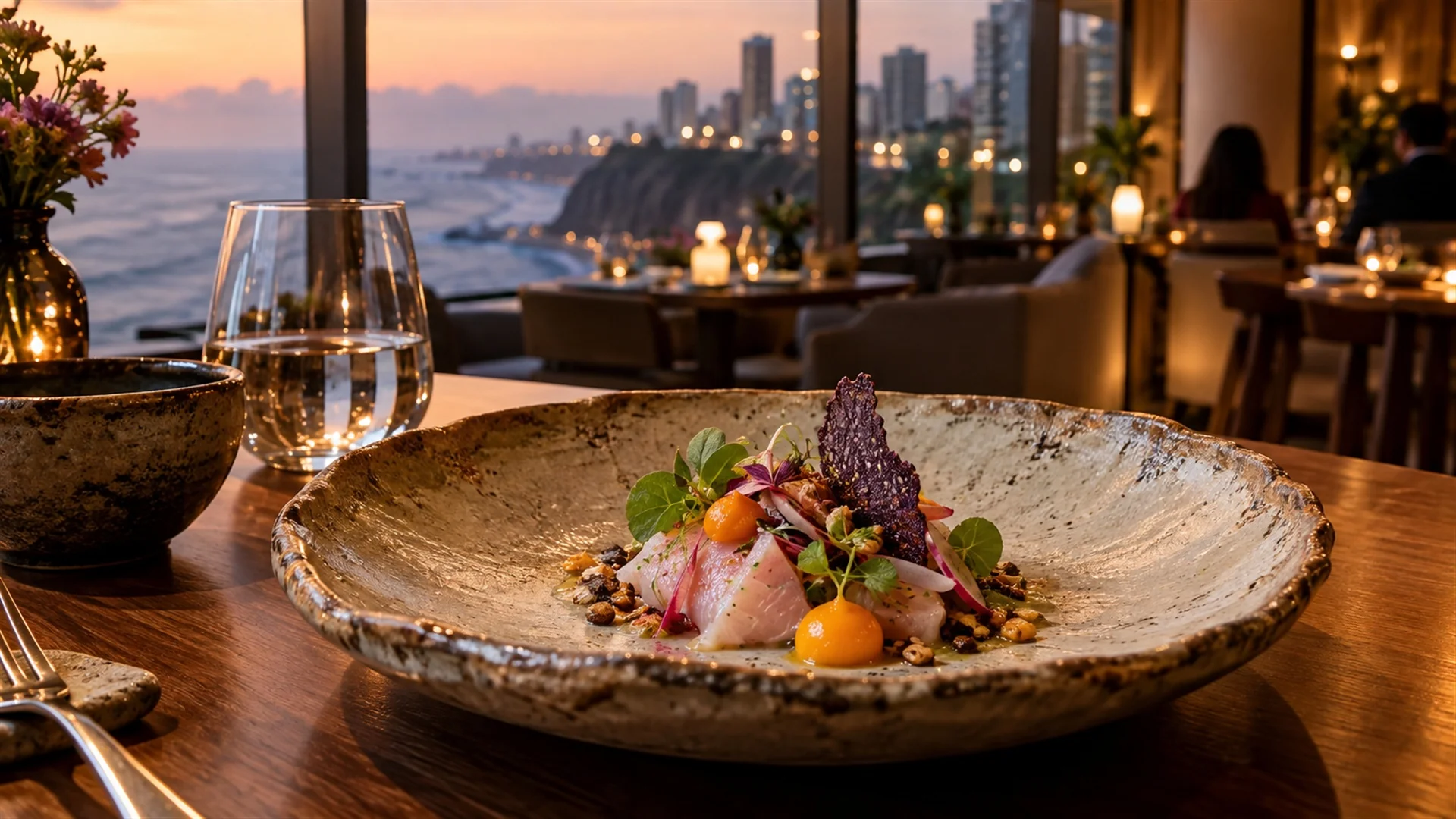 Elegant tasting menu course of Peruvian ingredients plated on handmade ceramics in a softly lit fine dining room in Lima, editorial food photography