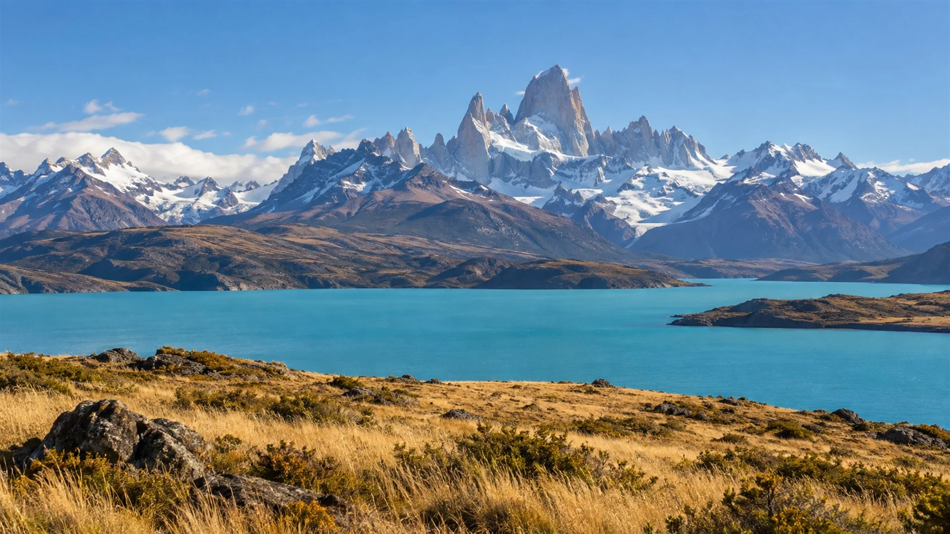 Best time to visit Argentina — granite Patagonian peaks above golden steppe and a turquoise lake under clear summer sky, editorial travel photography