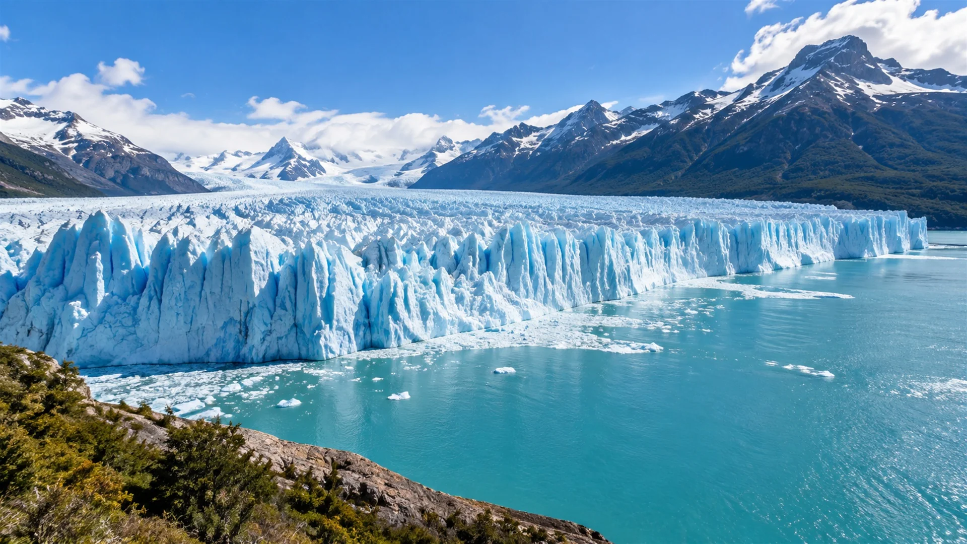 Perito Moreno Glacier ice wall meeting turquoise lake water beneath jagged blue ice formations and mountains, bright summer daylight, editorial nature photography