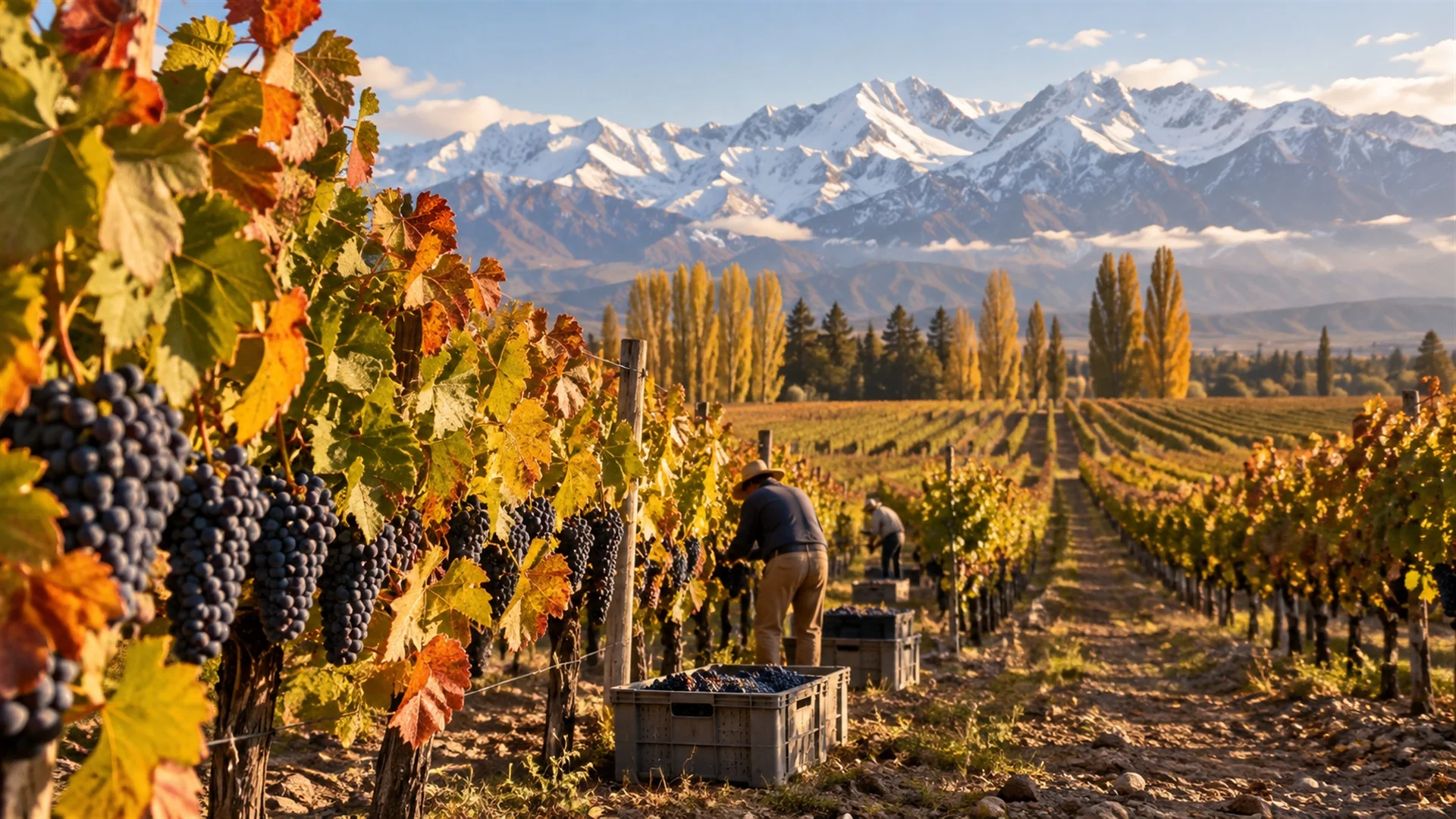 Mendoza vineyard rows heavy with ripe grapes at harvest time with snow-capped Andes on the horizon, golden autumn light, editorial wine travel photography