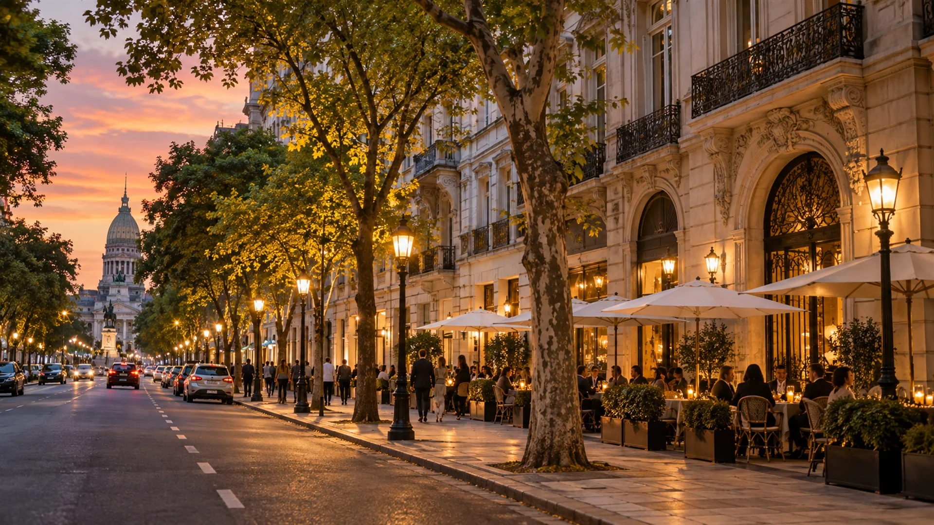 Things to do in Buenos Aires — tree-lined Recoleta avenue at dusk with Belle Époque facades, warm streetlights and café terraces, editorial city travel photography