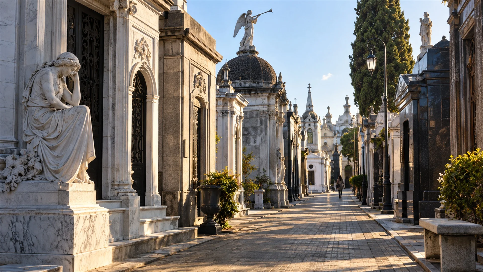 Ornate marble mausoleums and narrow stone lanes inside Recoleta Cemetery under soft morning light, quiet heritage architecture travel photography