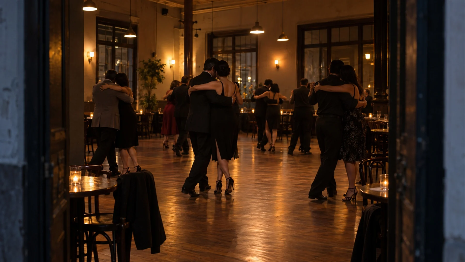 Couples dancing tango in a dimly lit traditional milonga hall with wooden floor and warm pendant lights late at night, authentic cultural travel photography