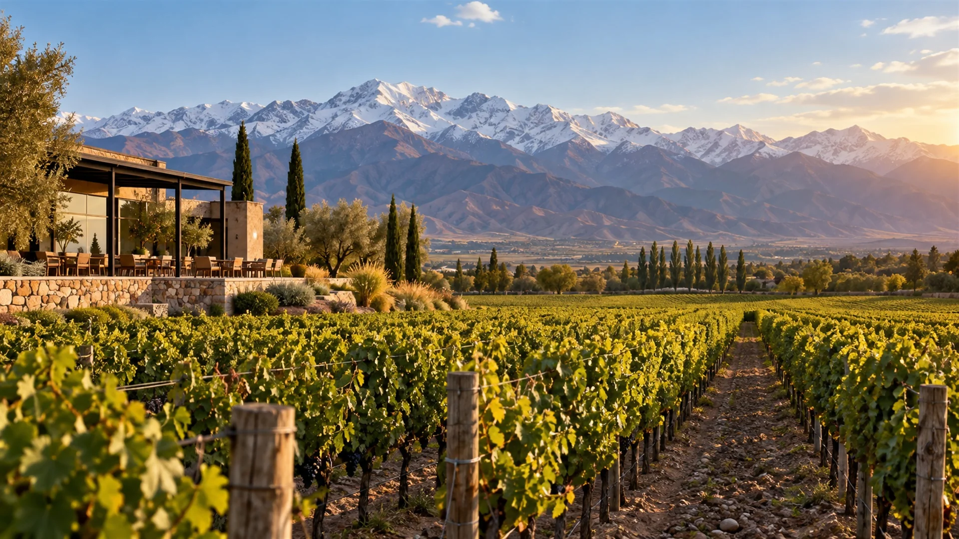 Mendoza wine country — rows of Malbec vines leading toward the snow-capped Andes under clear late afternoon light, editorial luxury vineyard travel photography