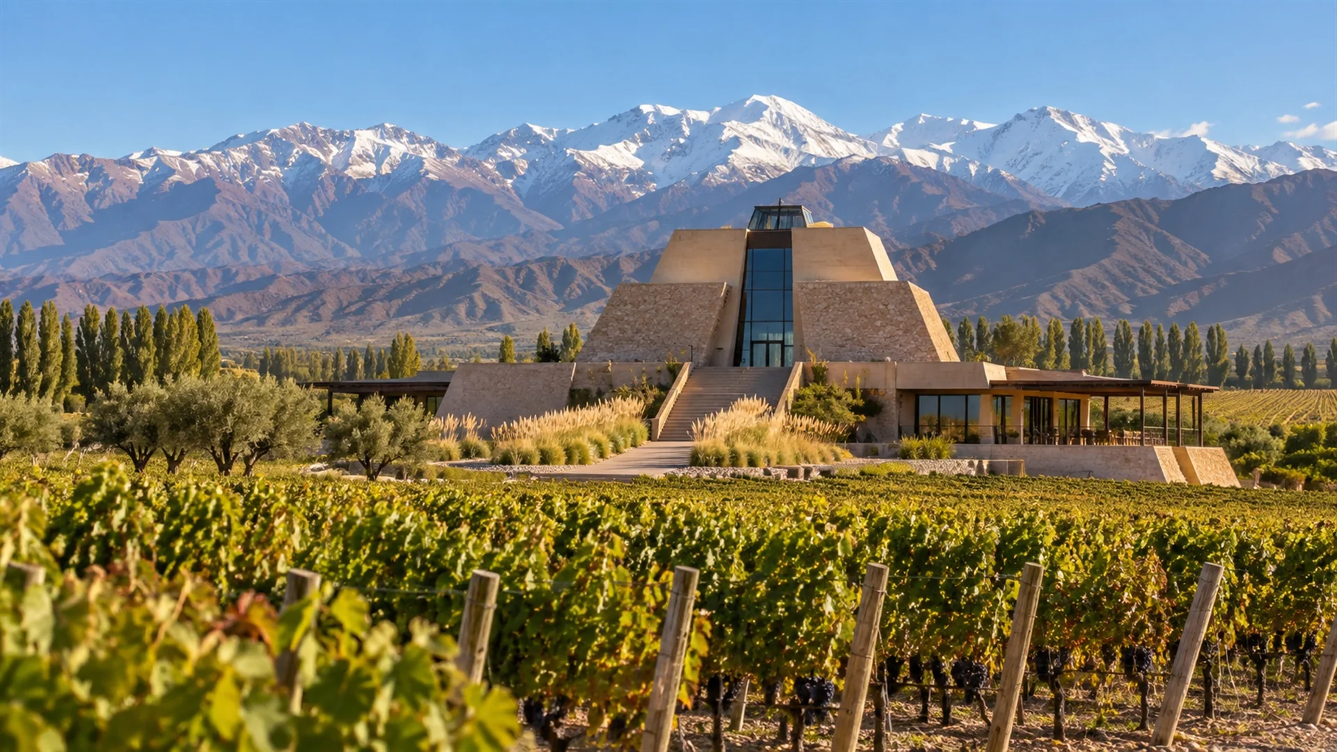 Pyramid-shaped Bodega Catena Zapata winery rising above vineyards in Luján de Cuyo with Andes foothills behind, clear morning light, architectural wine travel photography