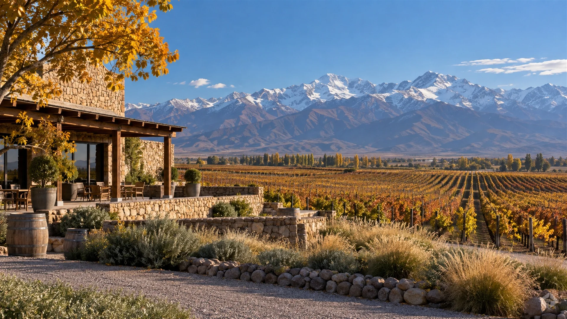 High-altitude Uco Valley vineyards stretching toward the Andes with a stone winery in the foreground, crisp autumn light, landscape wine travel photography