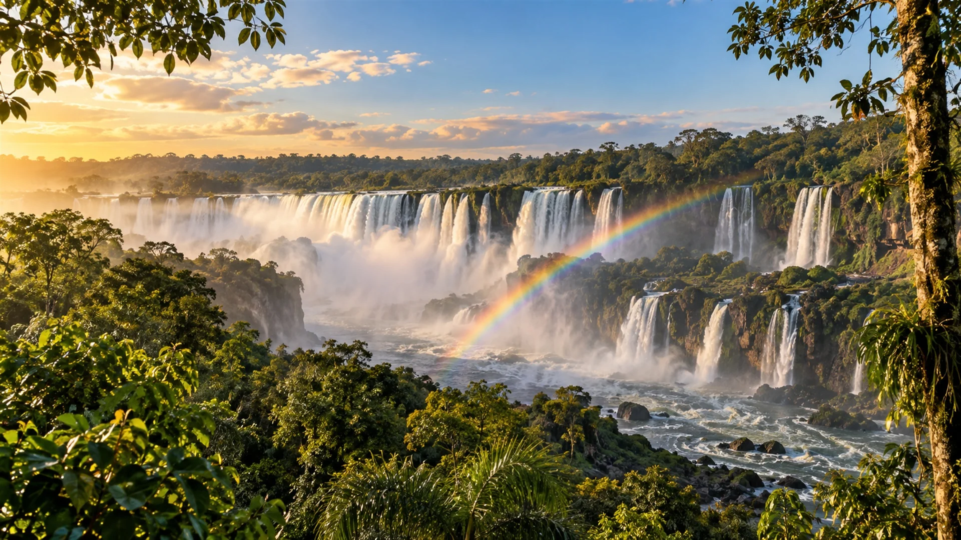 Iguazu Falls travel guide — curtain of waterfalls framed by subtropical rainforest with mist and a rainbow over the gorge, editorial nature travel photography