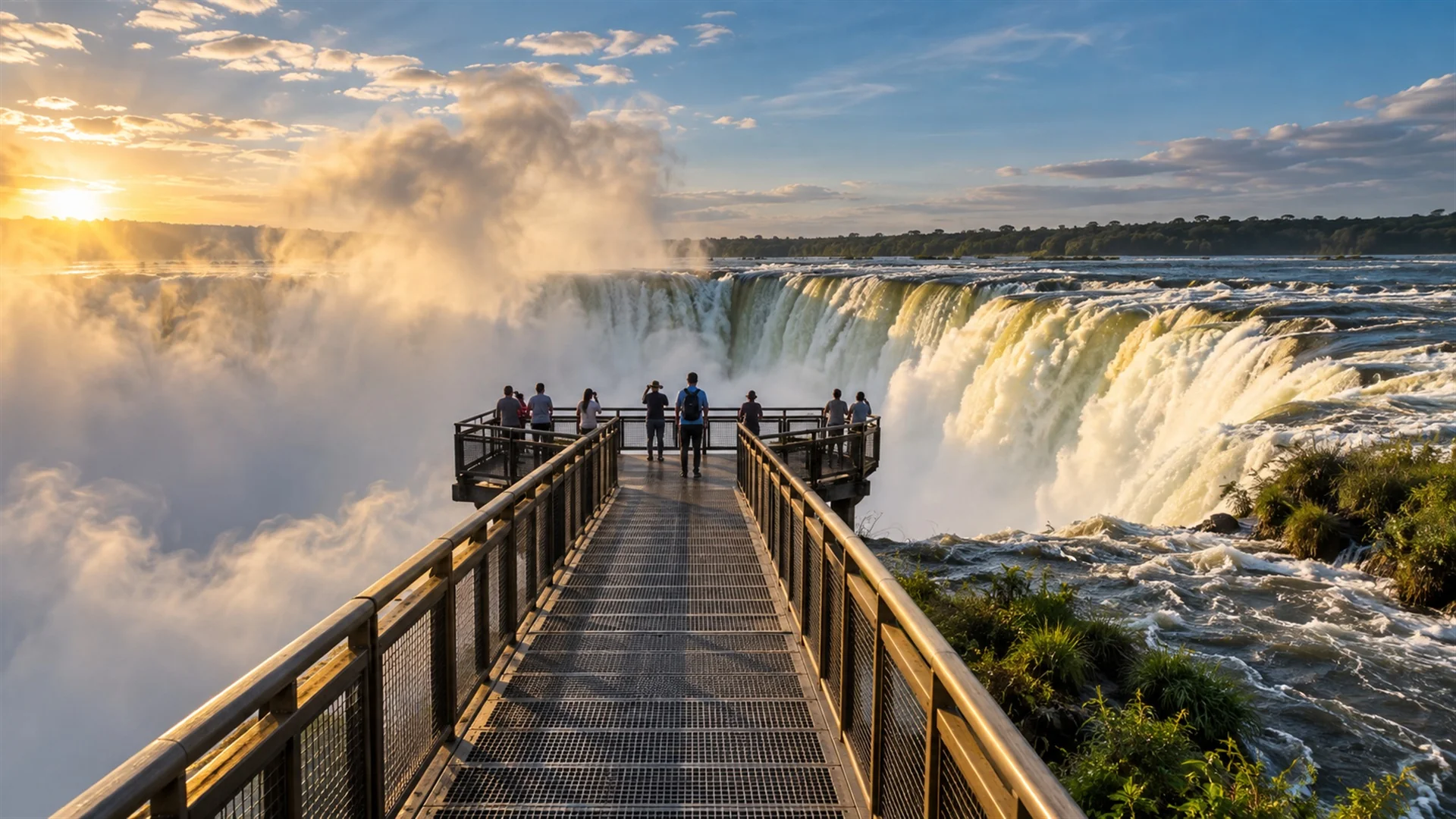 Metal walkway leading over the river toward the thundering edge of the Devil's Throat with spray rising into the air, dramatic waterfall travel photography