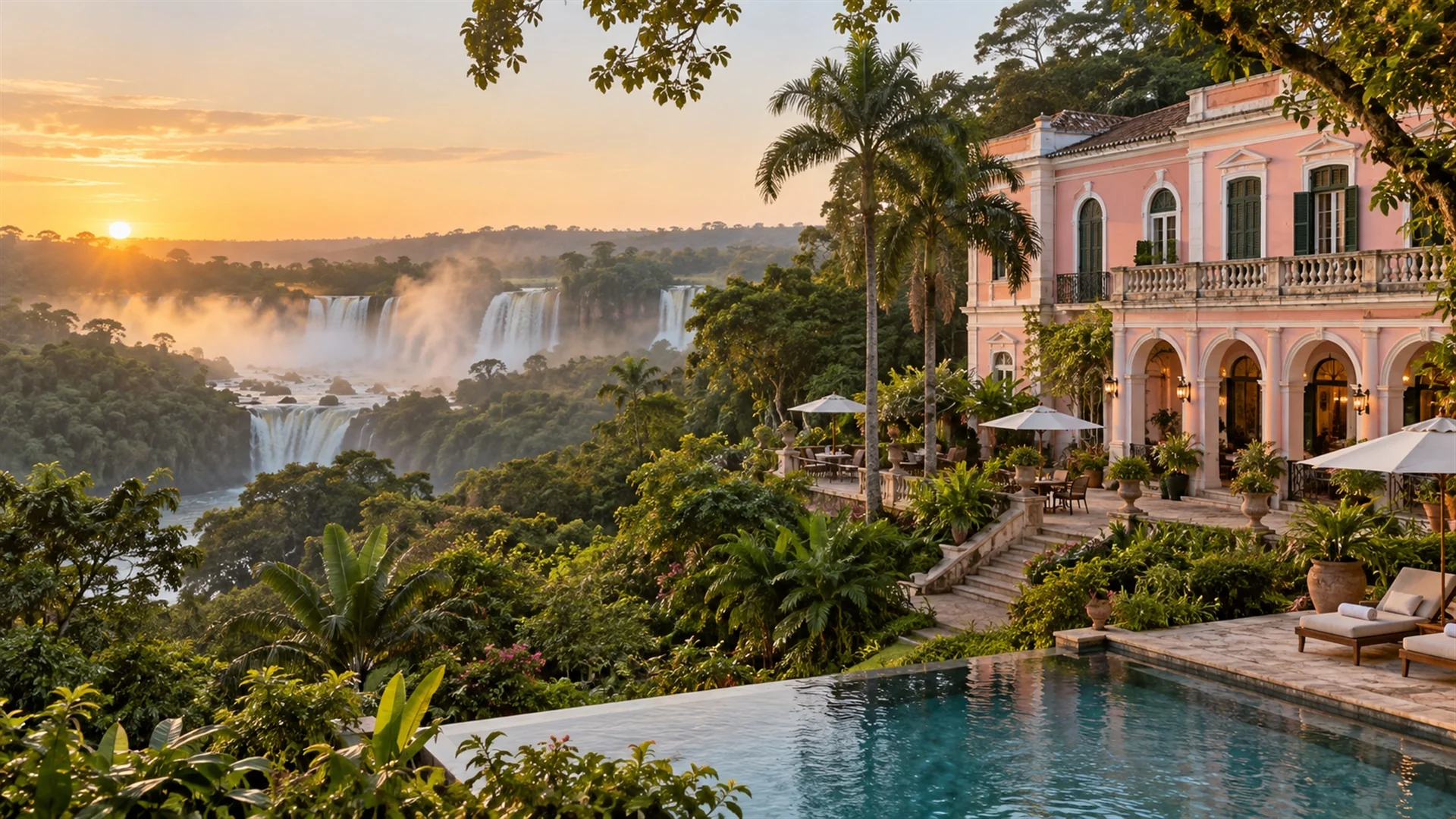 Pink colonial-style Belmond Hotel das Cataratas facade surrounded by rainforest near the waterfalls in soft early morning light, luxury heritage hotel travel photography