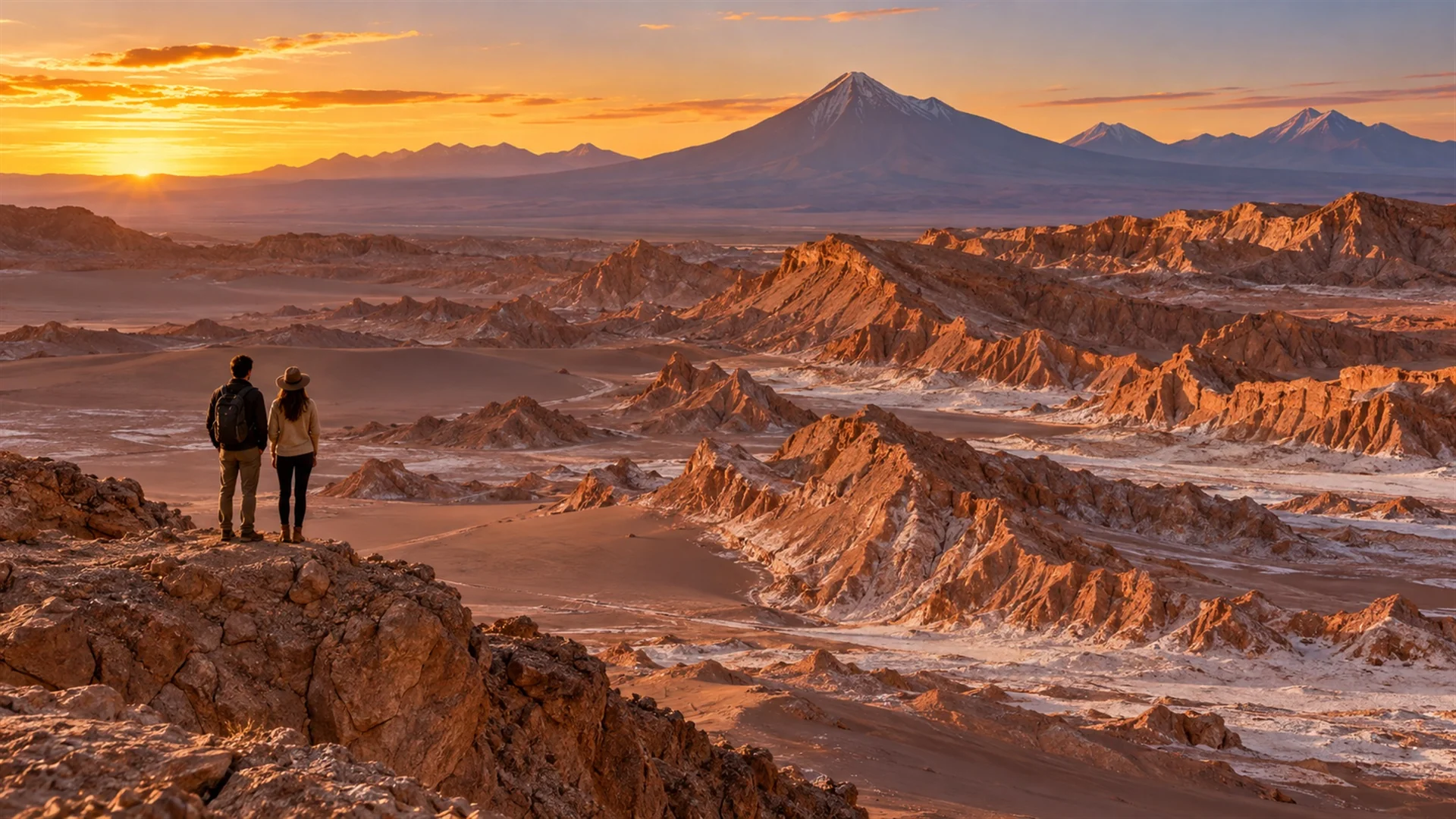 Atacama desert luxury travel — ridges of Valle de la Luna glowing at sunset with the Licancabur volcano on the horizon, editorial desert landscape photography