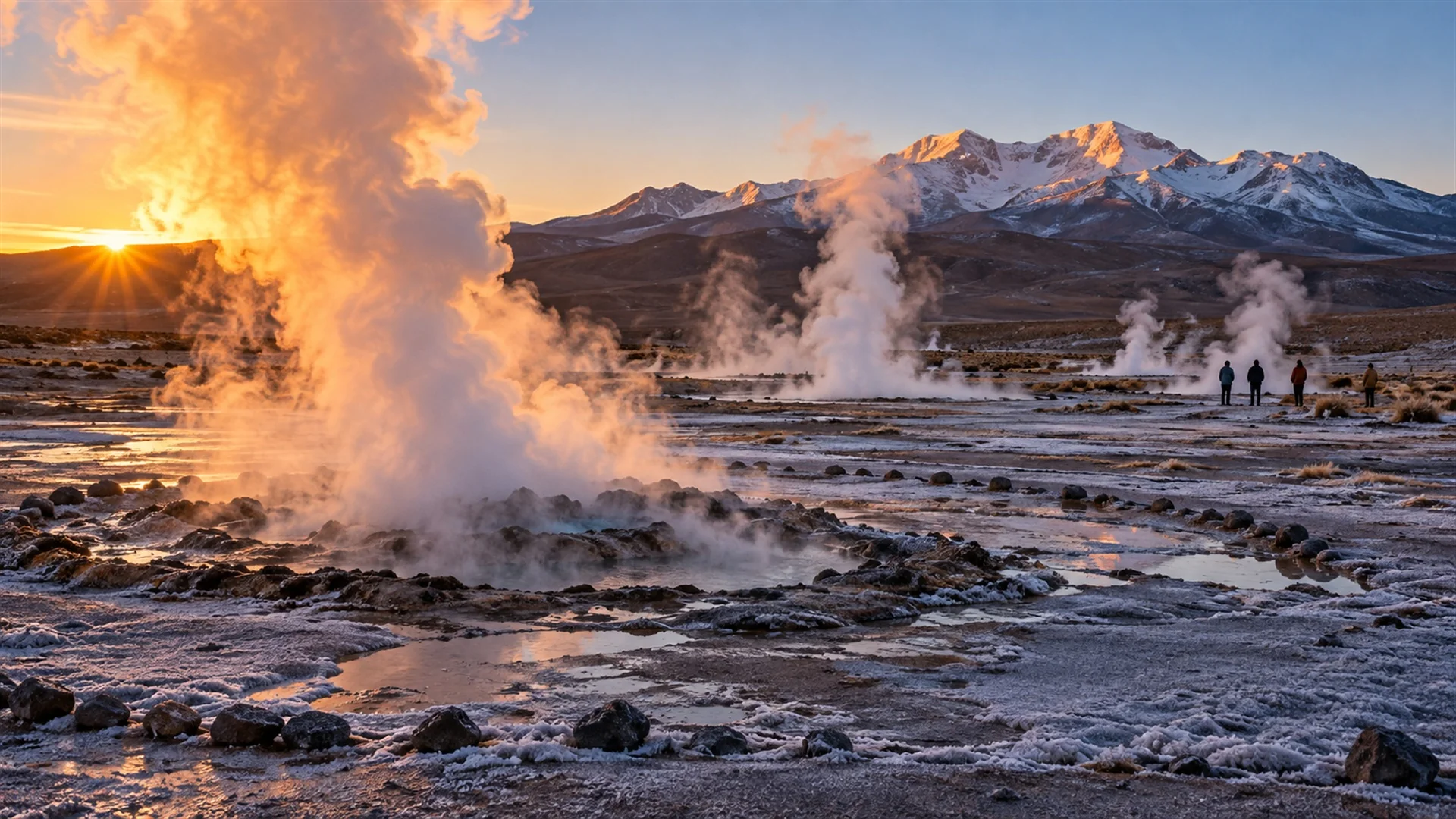 Steam columns rising from El Tatio geysers at dawn with frost on the ground and first sunlight on the Andes peaks, atmospheric high-altitude travel photography