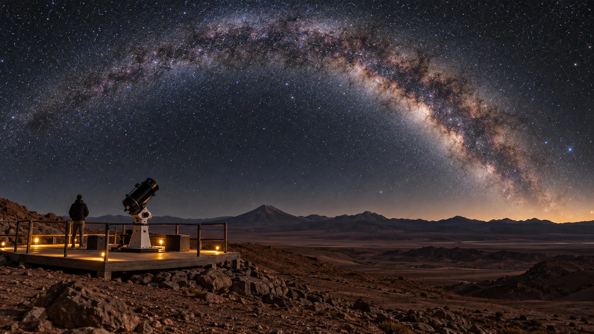 Milky Way arching over a small telescope platform in the Atacama desert on a clear moonless night with desert ridges in silhouette, astronomy travel photography