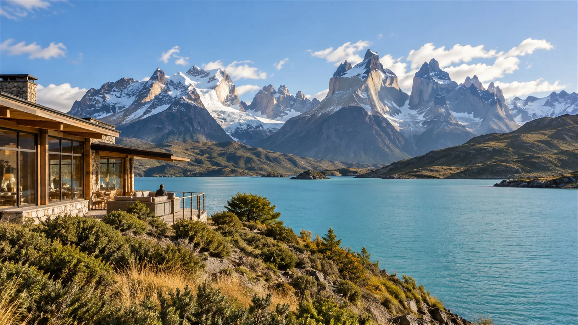 Low lodge building on the shore of Lake Pehoé facing the jagged Paine Massif across turquoise water, clear afternoon light, luxury lodge travel photography