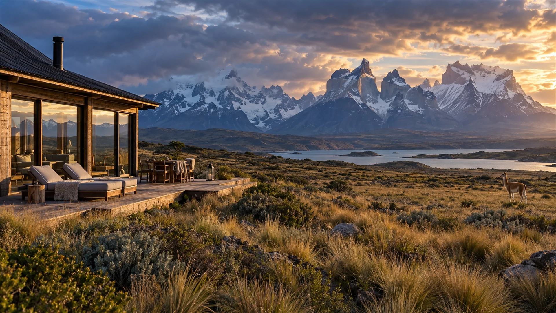 Secluded wooden villa on the open Patagonian steppe with the Paine Massif on the horizon under dramatic clouds, luxury private lodge travel photography