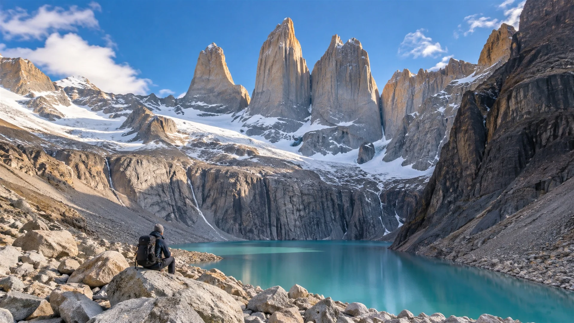 Best time to visit Chile — Torres del Paine granite towers above a turquoise glacial lake in clear late-summer light, editorial luxury travel photography