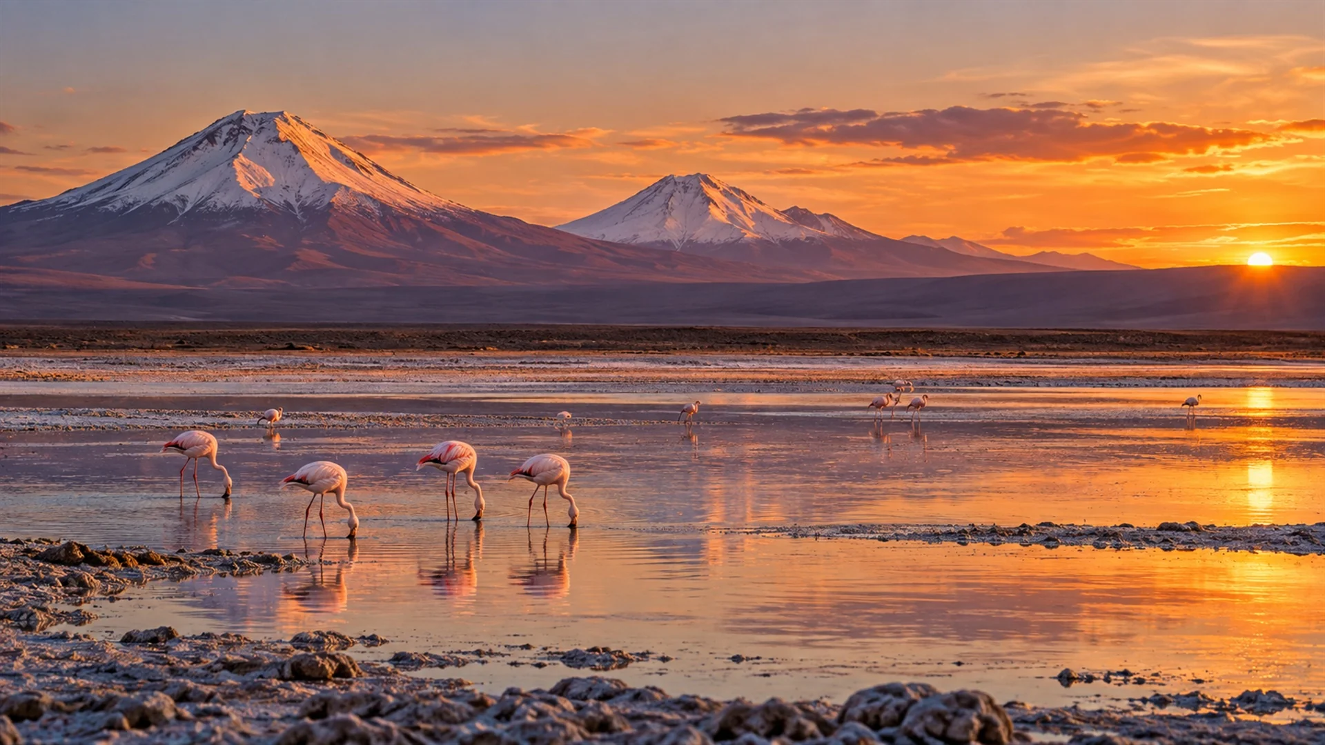 Salt flats of the Atacama Desert at sunset with flamingos in a shallow lagoon and snow-capped volcanoes behind, warm desert light, luxury travel photography