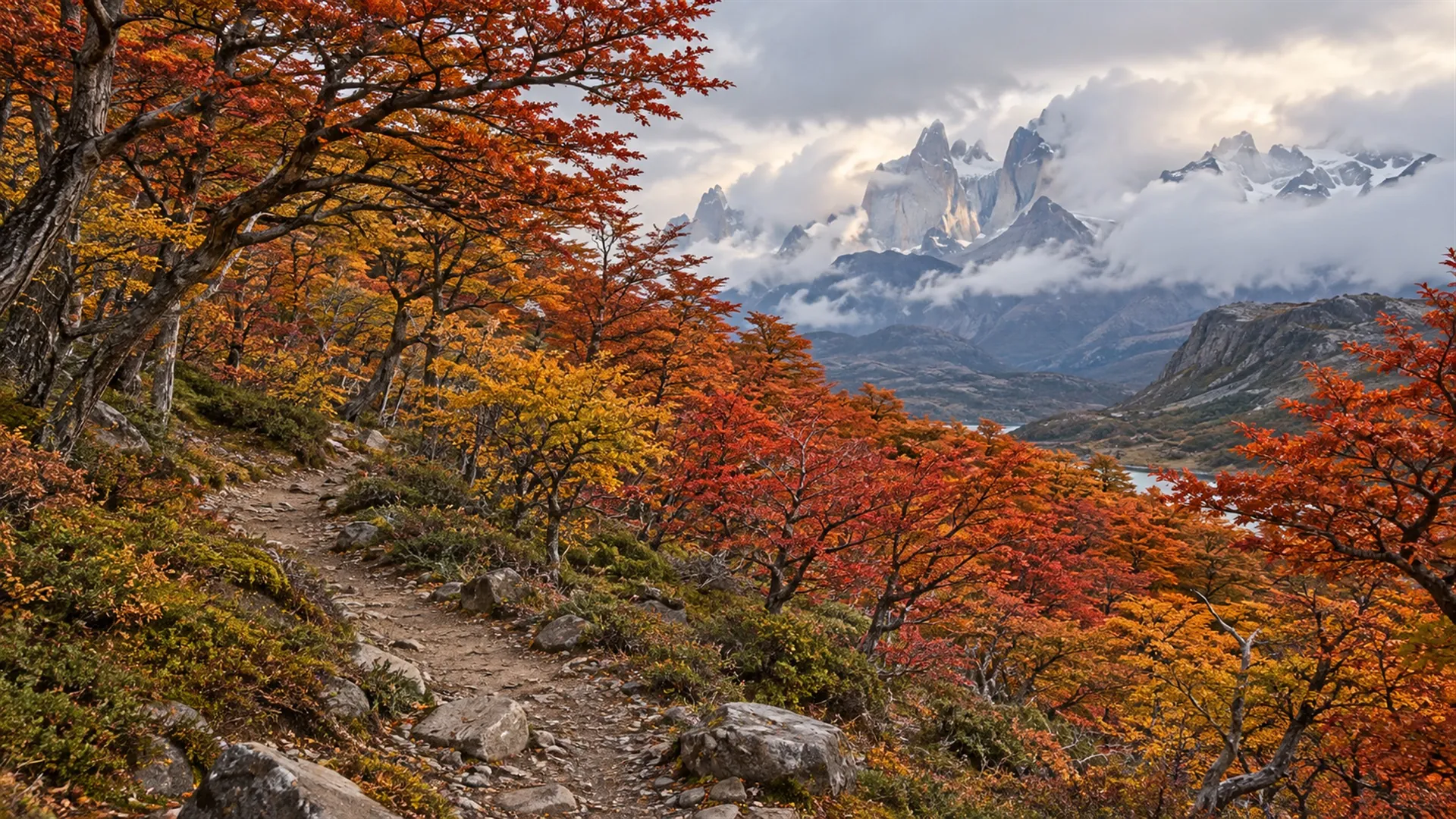 Lenga forest in autumn red and gold along a trail in Chilean Patagonia with jagged granite peaks and drifting clouds beyond, editorial nature photography