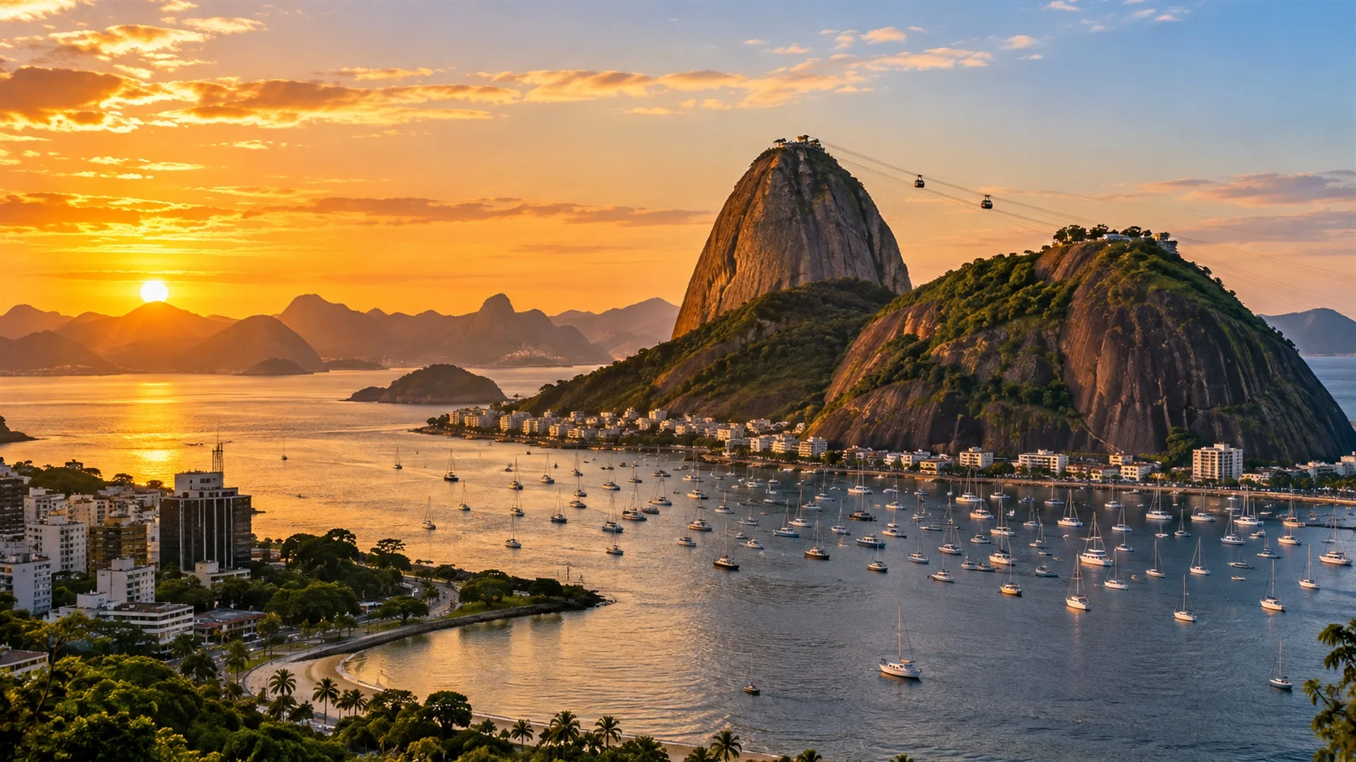 Things to do in Rio de Janeiro — Sugarloaf Mountain above Guanabara Bay at golden hour with sailboats below, editorial travel photography