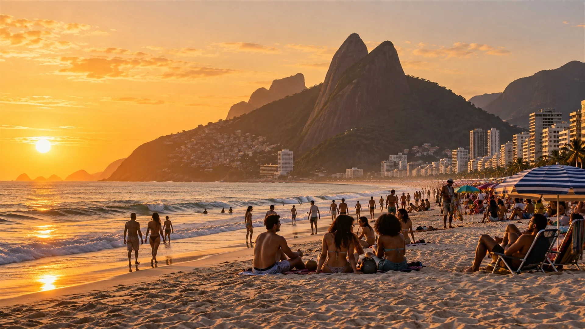 Ipanema beach in late afternoon with locals gathered on the sand, Dois Irmãos peaks glowing in warm light behind, candid editorial travel photography