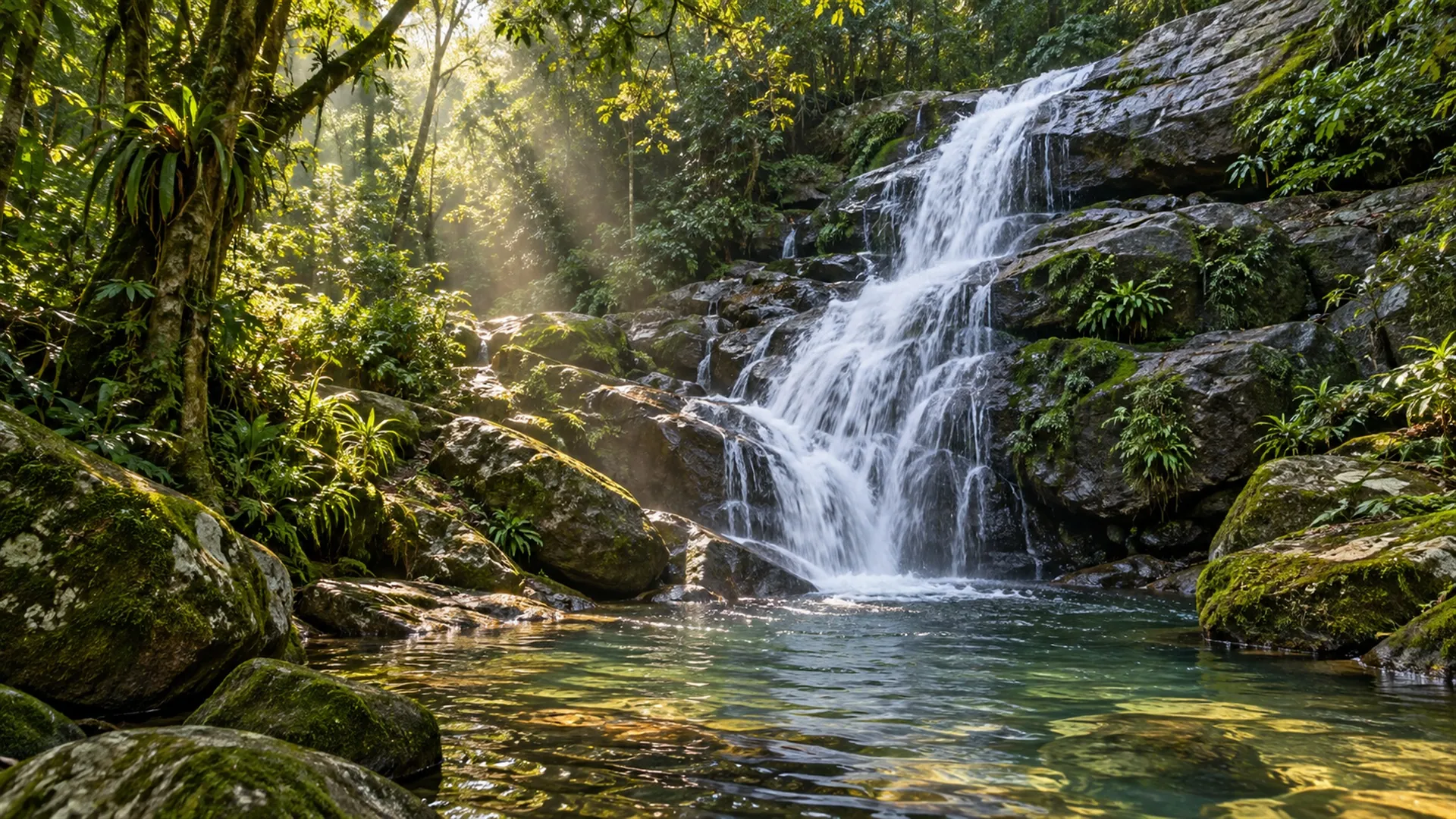 Dense Atlantic rainforest in the Tijuca Forest with a waterfall over mossy rocks and filtered morning light through the canopy, nature travel photography