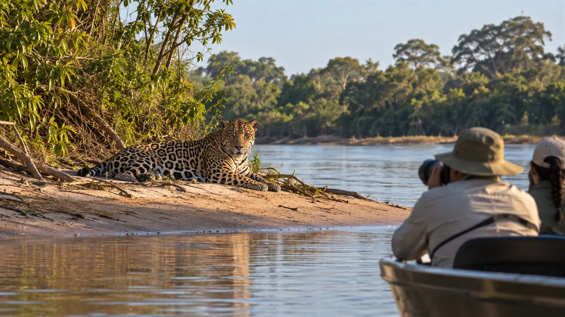 Pantanal wildlife safari — jaguar resting on a sandy riverbank of the Cuiabá river in soft morning light, observed from a small boat, wildlife photography