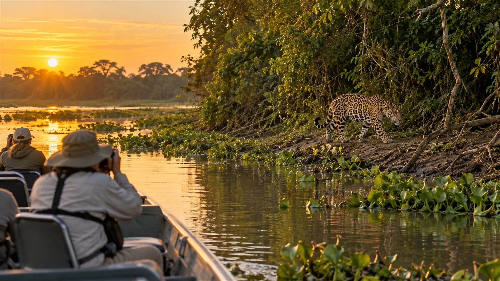 Small safari boat on a calm river in the Pantanal at dawn with travelers watching a jaguar walking along the forested bank, wildlife travel photography