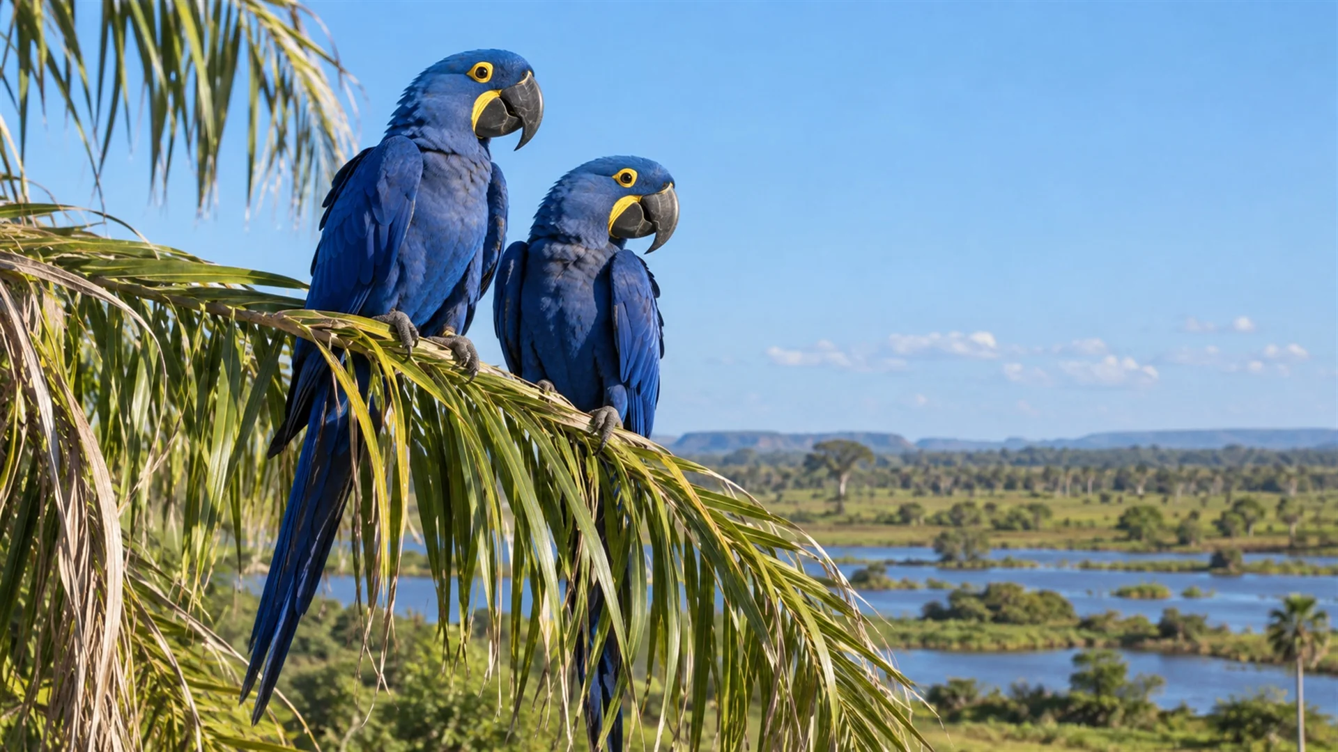 Pair of hyacinth macaws perched on a palm branch in the Pantanal with bright cobalt feathers against a clear blue sky, wildlife photography