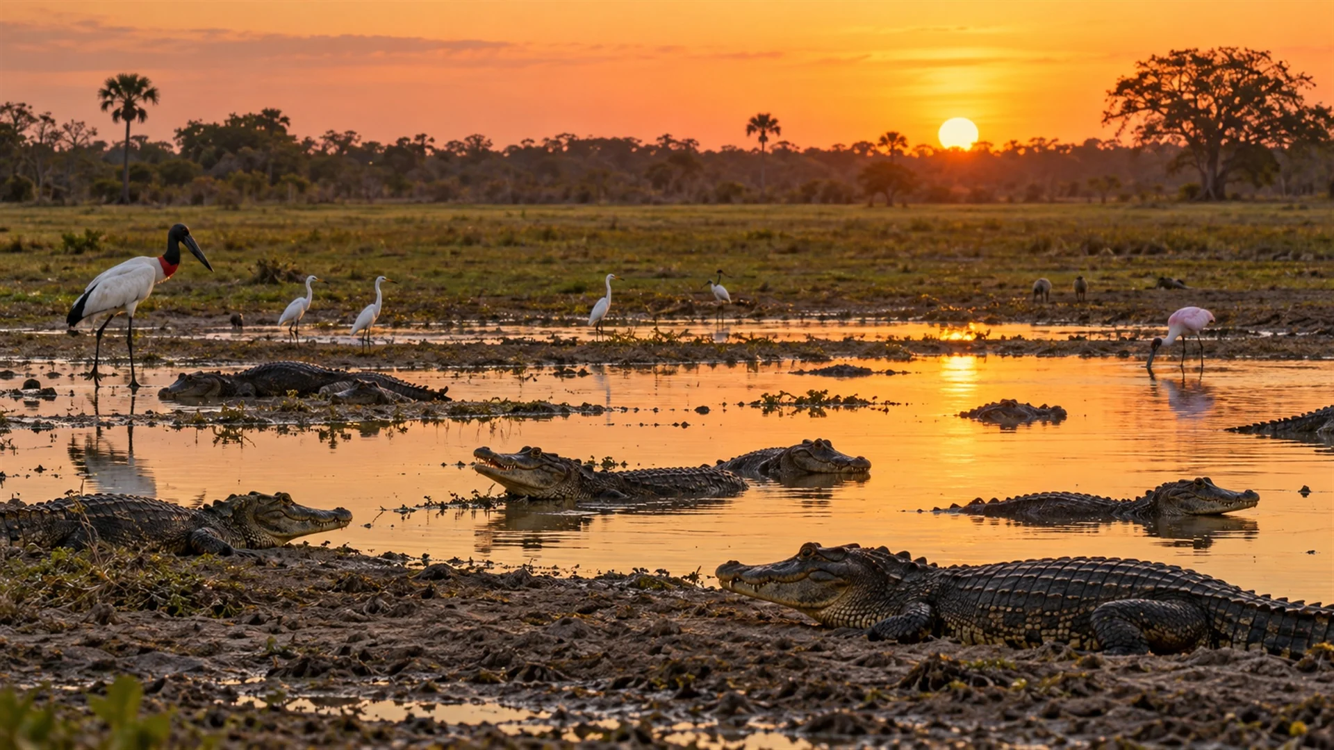 Open floodplain of the Pantanal in the dry season with caiman gathered around a shrinking waterhole and wading birds at dusk, wildlife photography